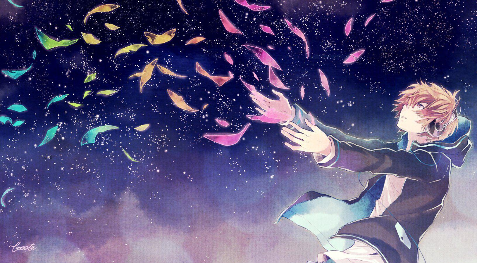 1631x900 Anime boy sky night headphone music