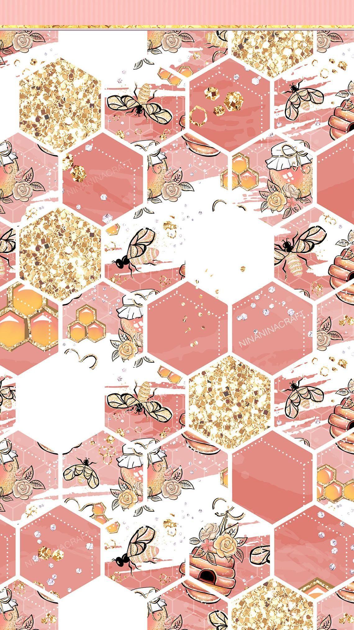 1140x2027 Honey Bee Digital Papers Basics, Gold Glitter Flowers, Fashion Seamless Patterns, Beehive, Honeycomb, Glam Fabrics