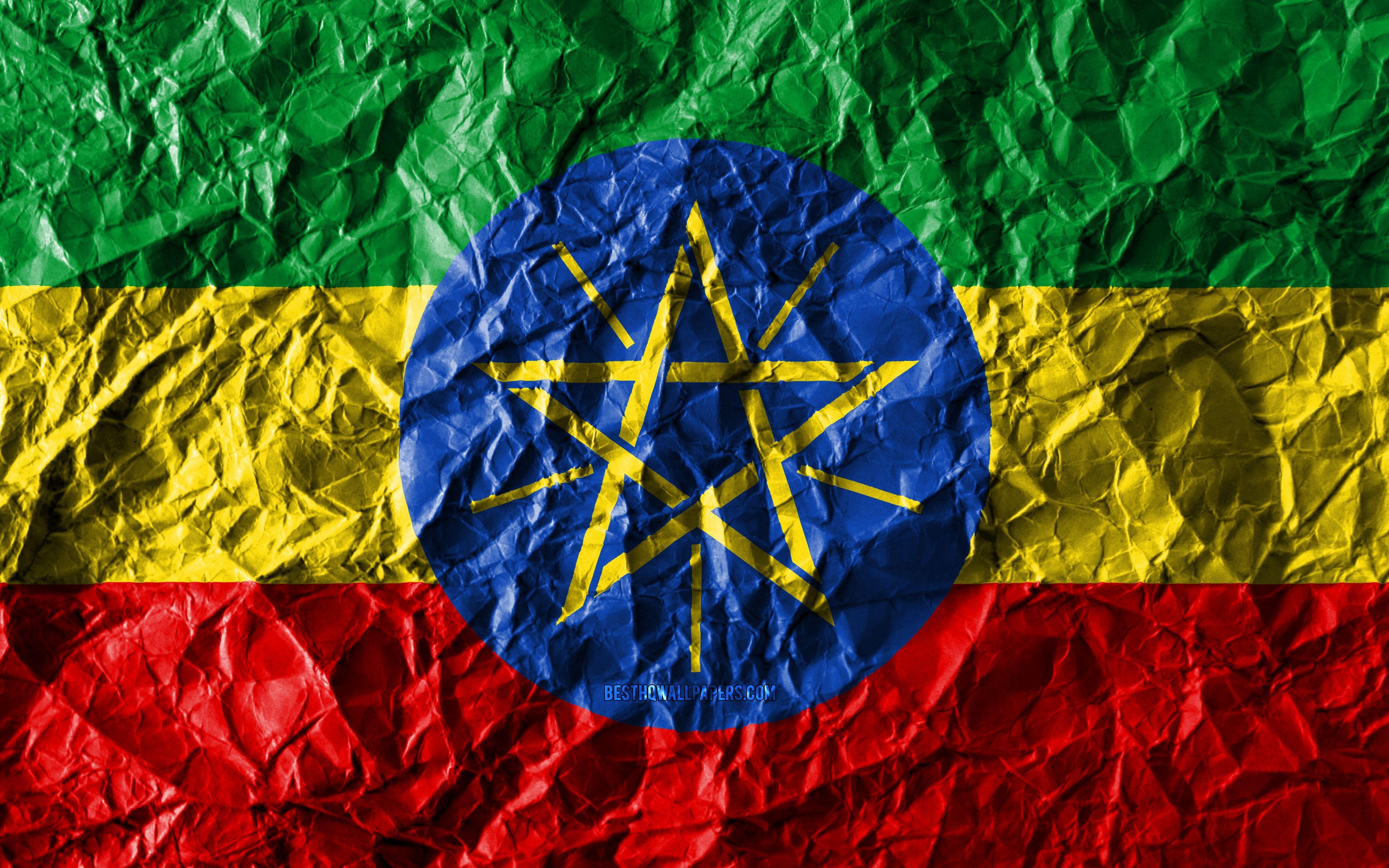 3840x2400 Download wallpaper Ethiopian flag, 4k, crumpled paper, African
