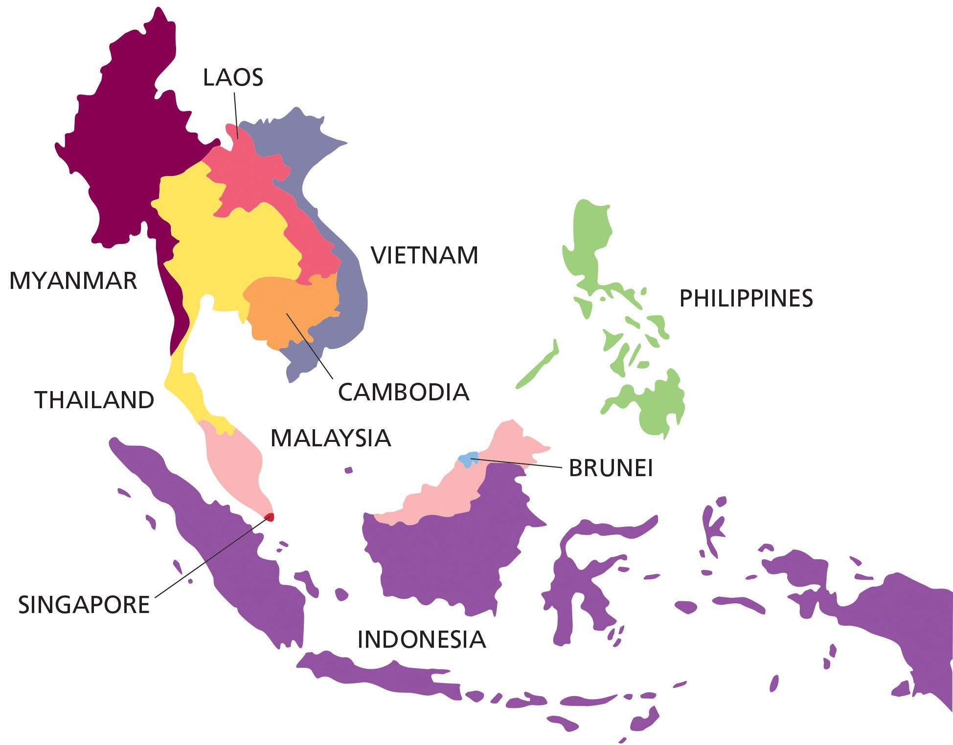 Филиппины индонезия малайзия. Юго-Восточная Азия на карте. Государства Юго Восточной Азии на карте. Ассоциация государств Юго-Восточной Азии на карте. Юновосточгая Азия карта.