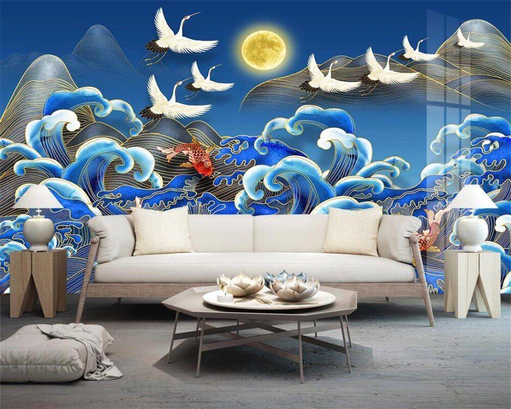 1000x800 beibehang Customized new Chinese style golden landscape koi crane watermark light luxury line background wallpaper papier peint. Wallpaper