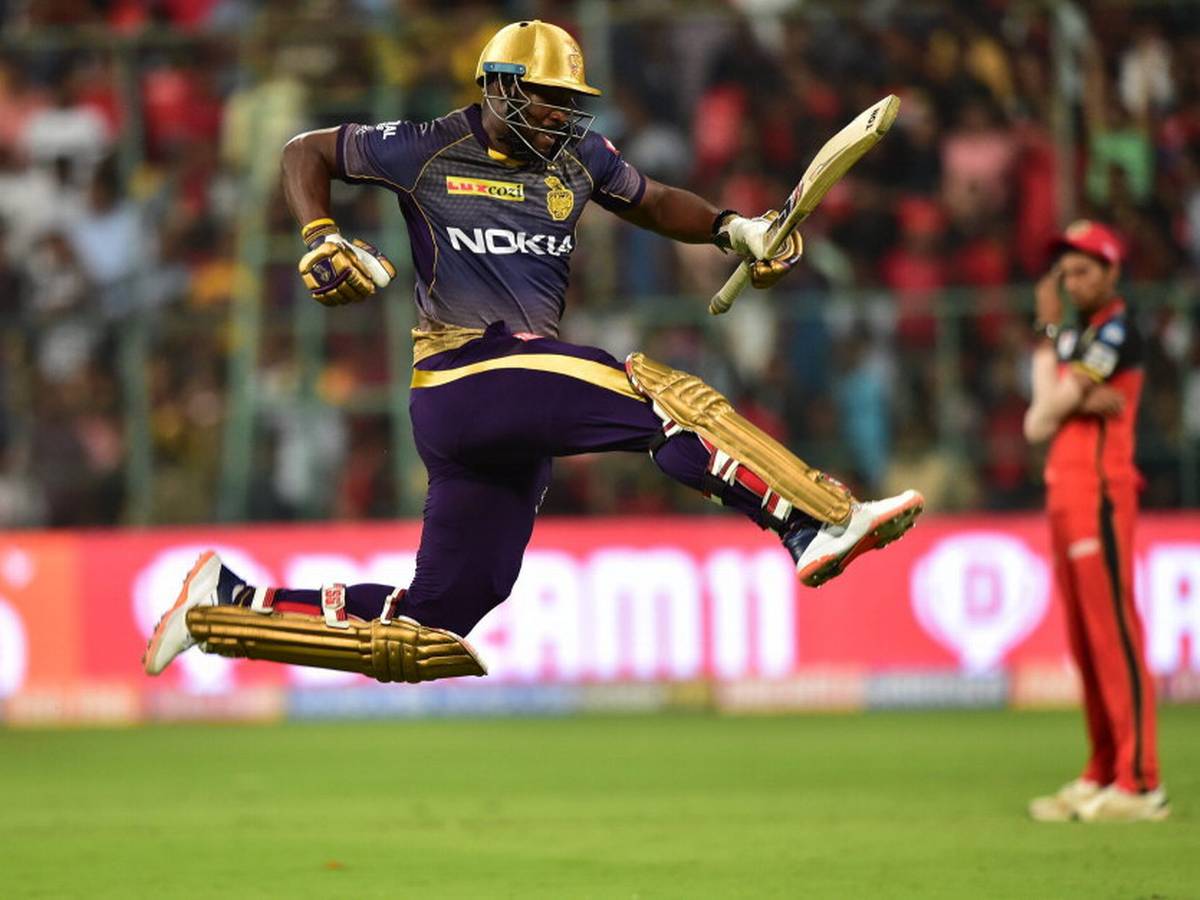 Hyderabad   KKRs Andre Russell celebrates the dismissal of SRHs Rahul  Tripathi Gallery