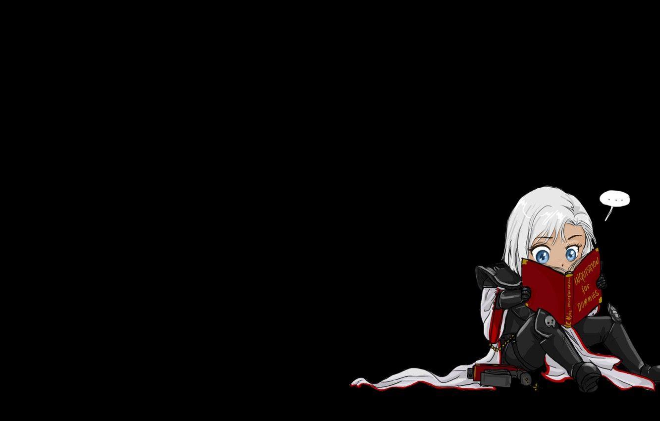 1332x850 Wallpaper girl, game, Warhammer, Warhammer minimalism, anime, chibi, Adept Sororitas, book, black background, reading, Sisters of Battle, simple background, Inquisition, anime girl, WH40K image for desktop, section минимализм