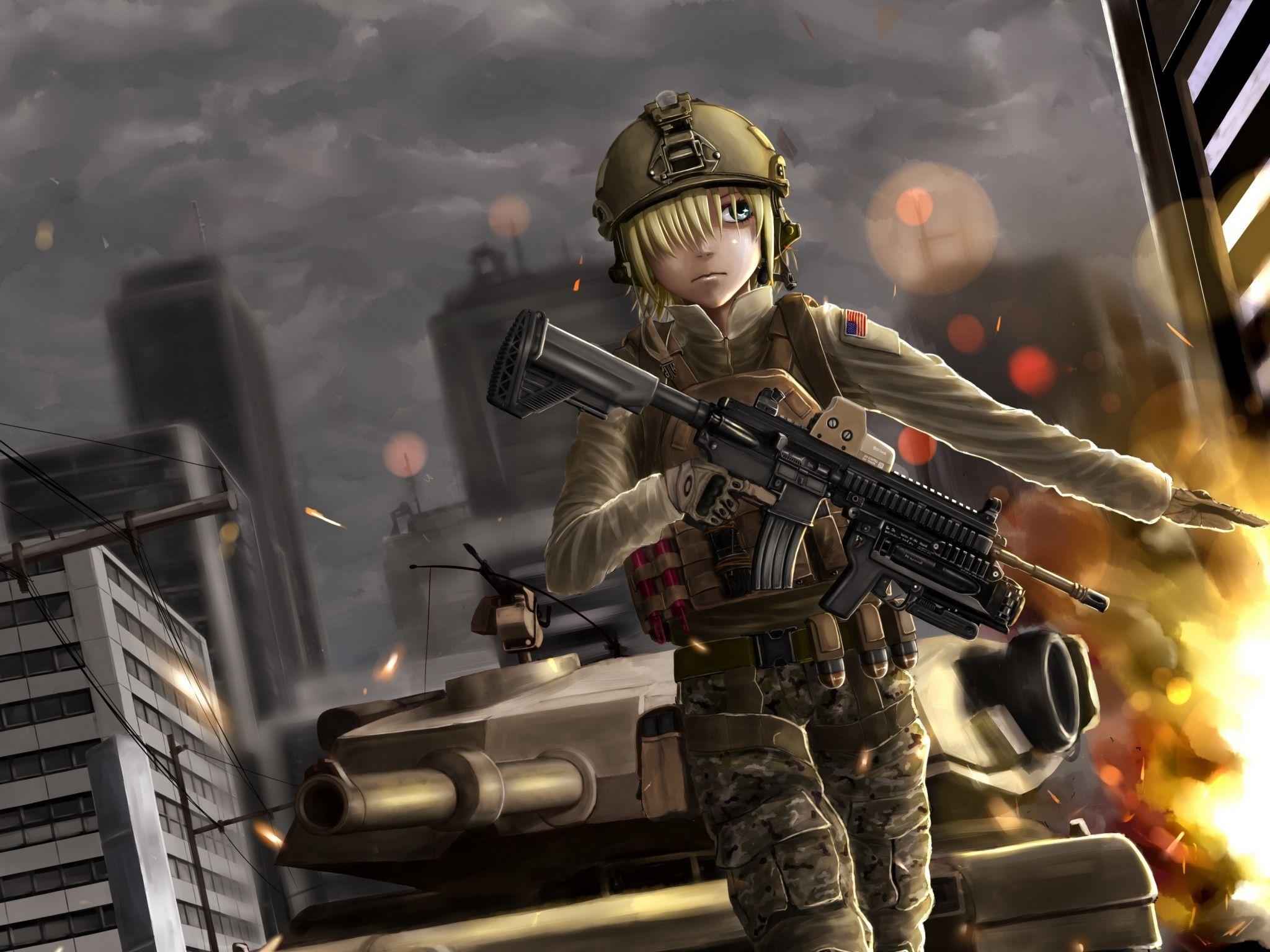 2048x1536 Wallpaper 4k battlefield, anime, girl, soldier 4k Wallpaper