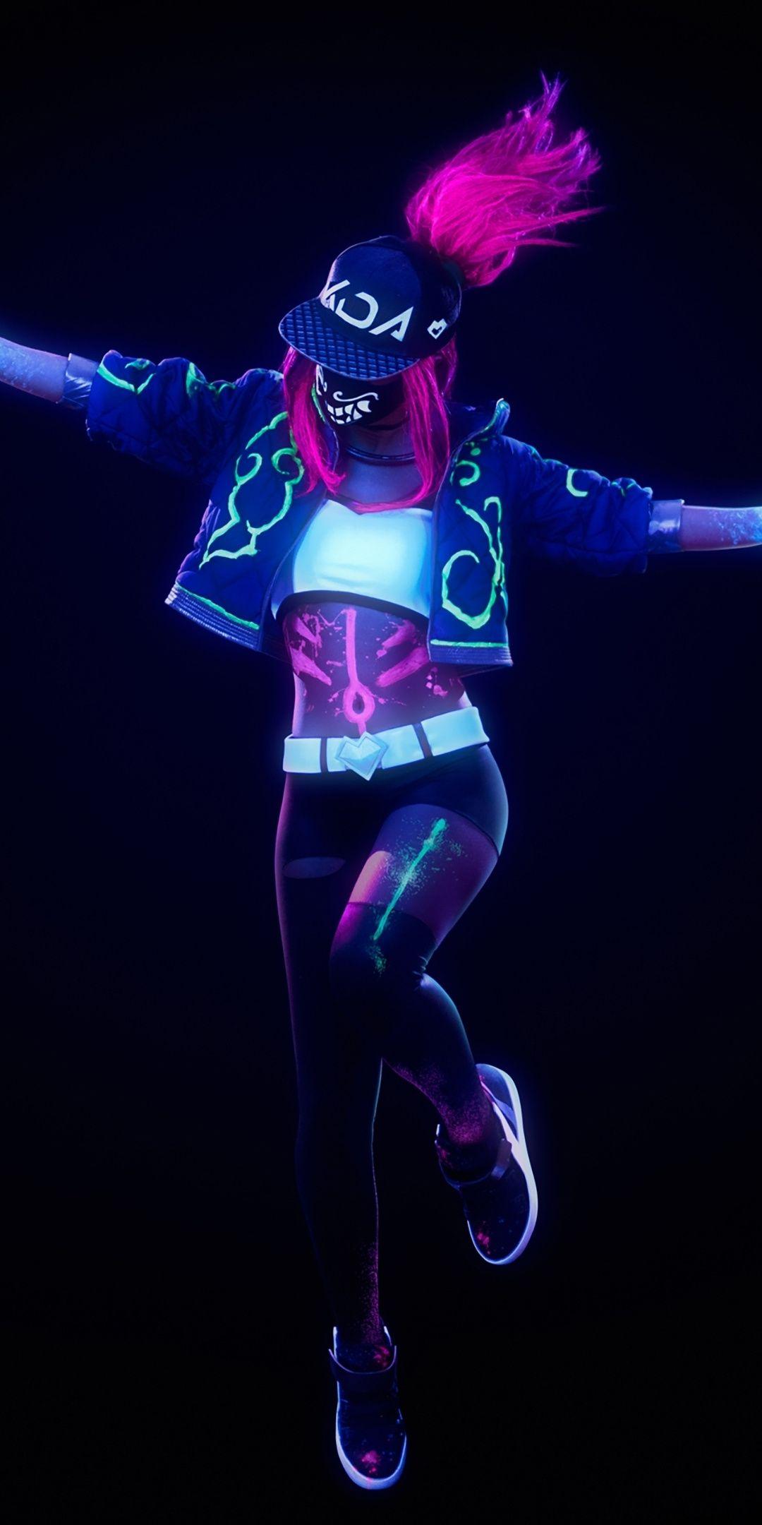 1080x2160 KDA, Akali, League of Legends, neon art, color spray
