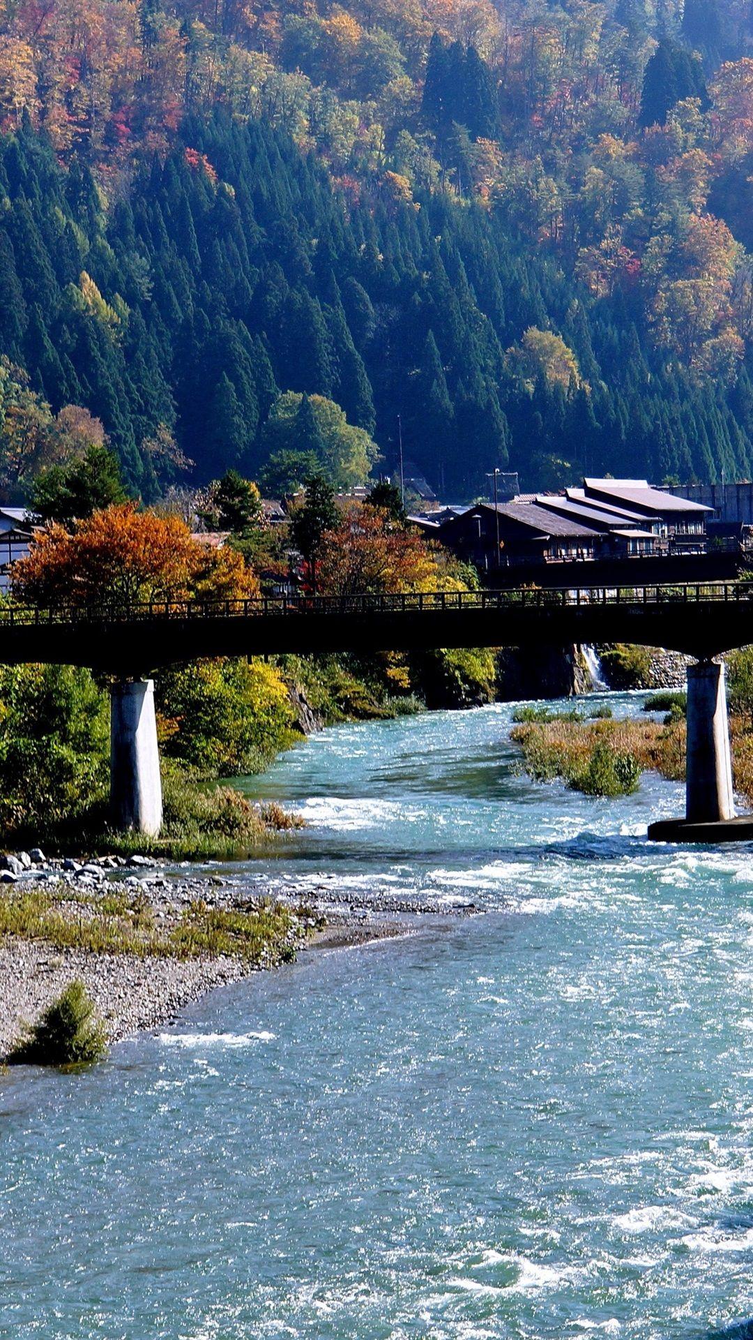 1080x1920 Shirakawa Go, Japan, Village, River, Bridge, Mountain, Trees