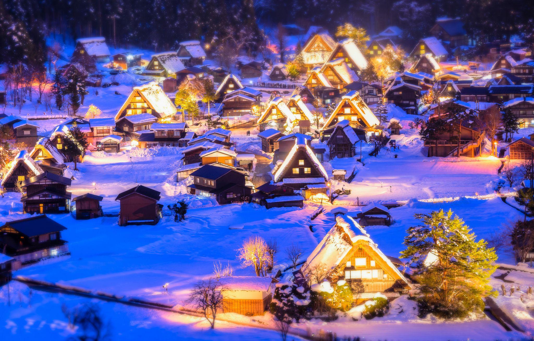2048x1308 Desktop Wallpaper Japan Village Winter Snow Night Street 2048x1308
