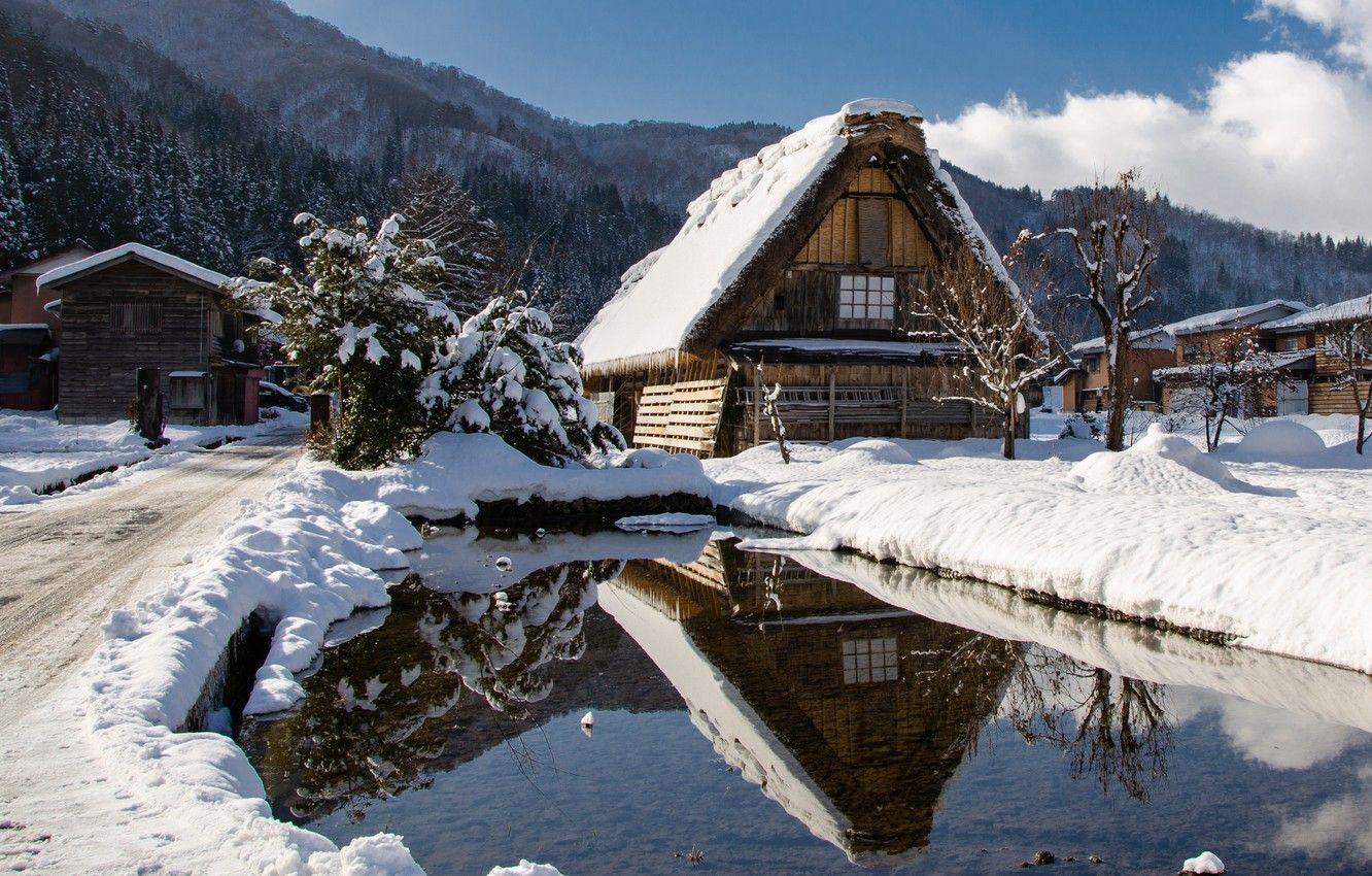 1332x850 Wallpaper winter, water, clouds, snow, trees, mountains, house