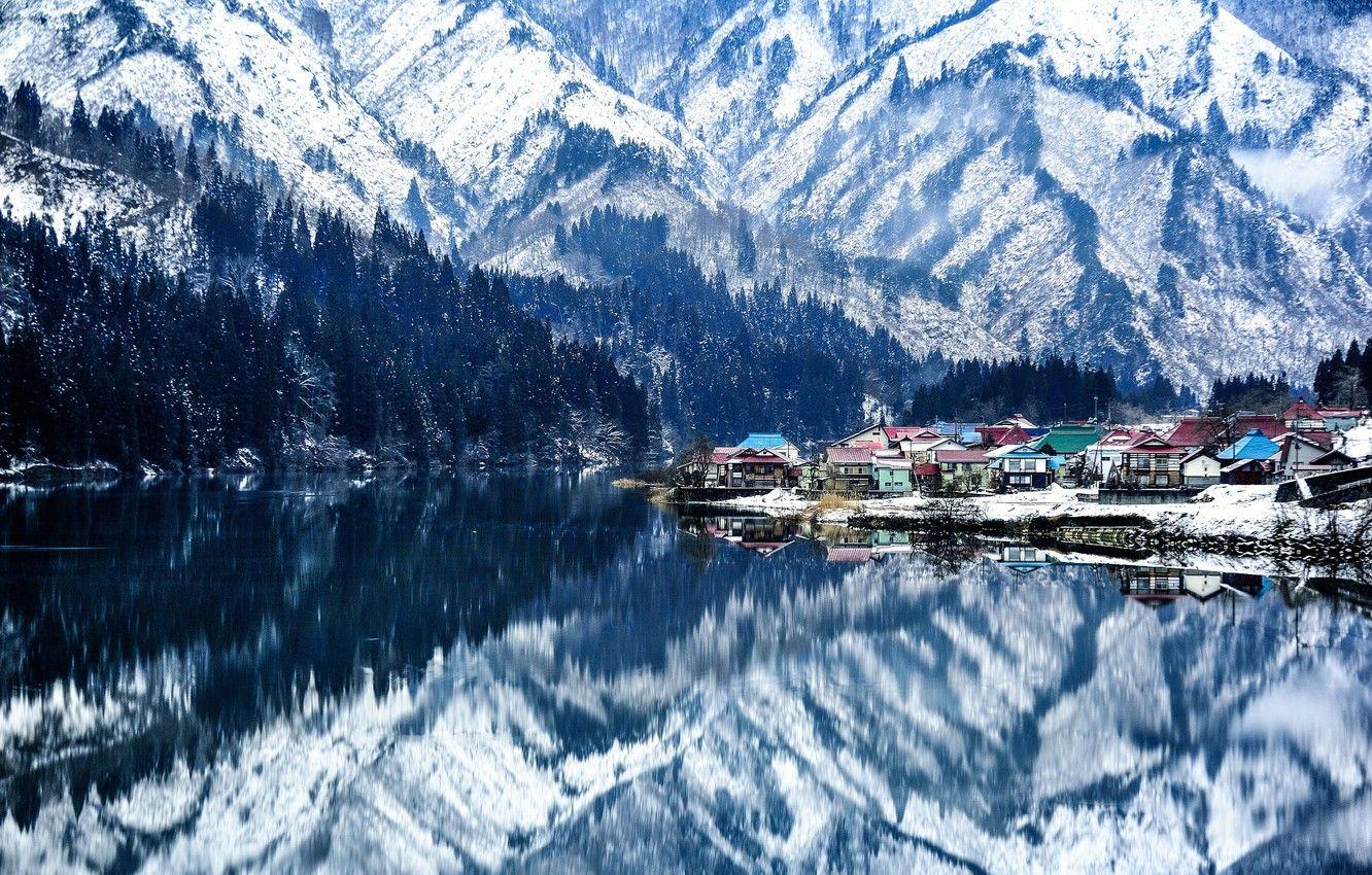 1332x850 Wallpaper mountains, reflection, Japan, village, Fukushima image