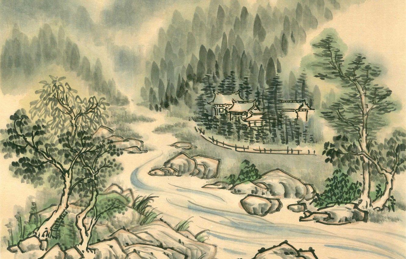 1332x850 Wallpaper forest, trees, river, shore, Japan, village, temple