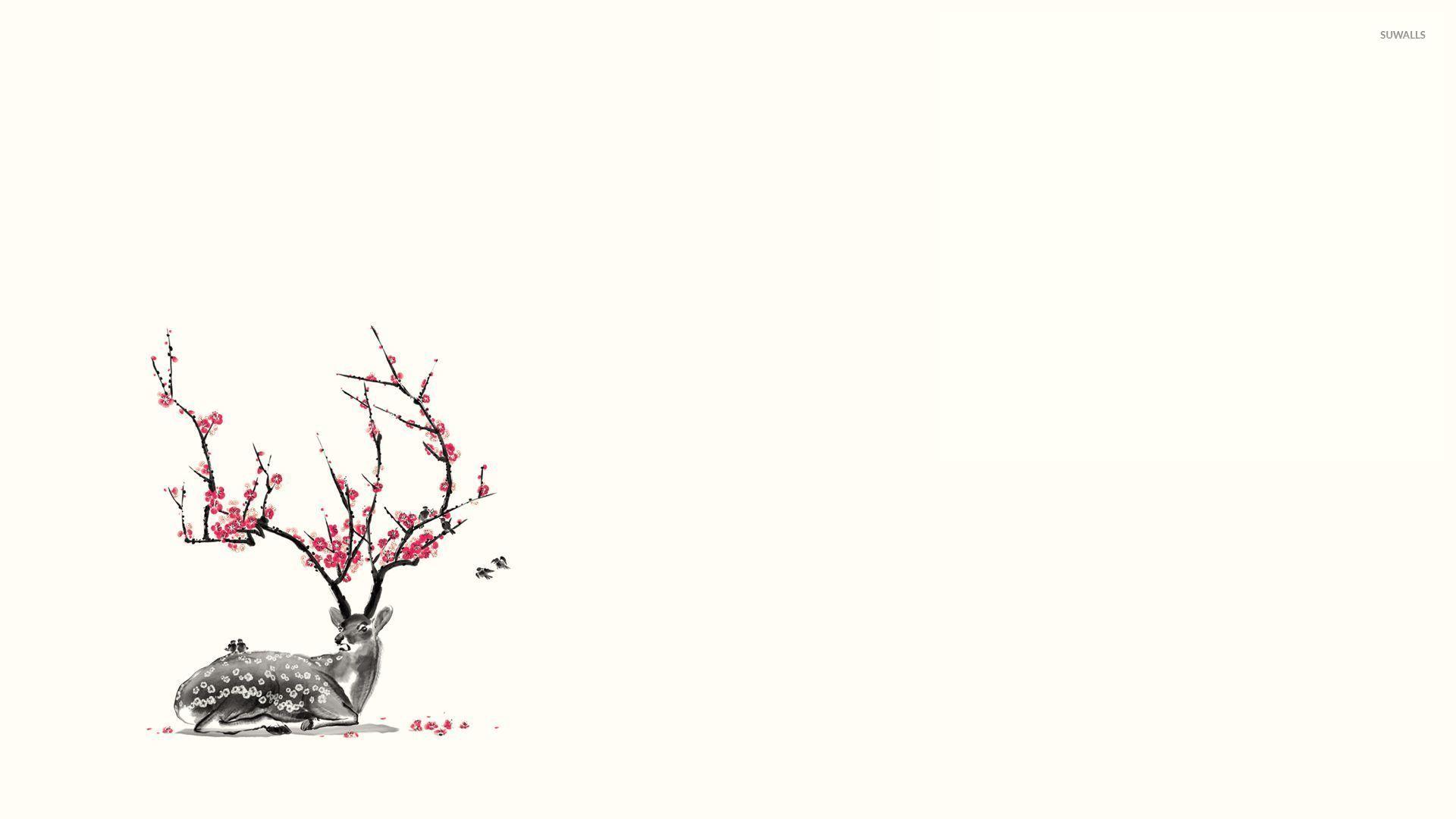 1920x1080 Deer with blossomed horns on the ground wallpaper Art