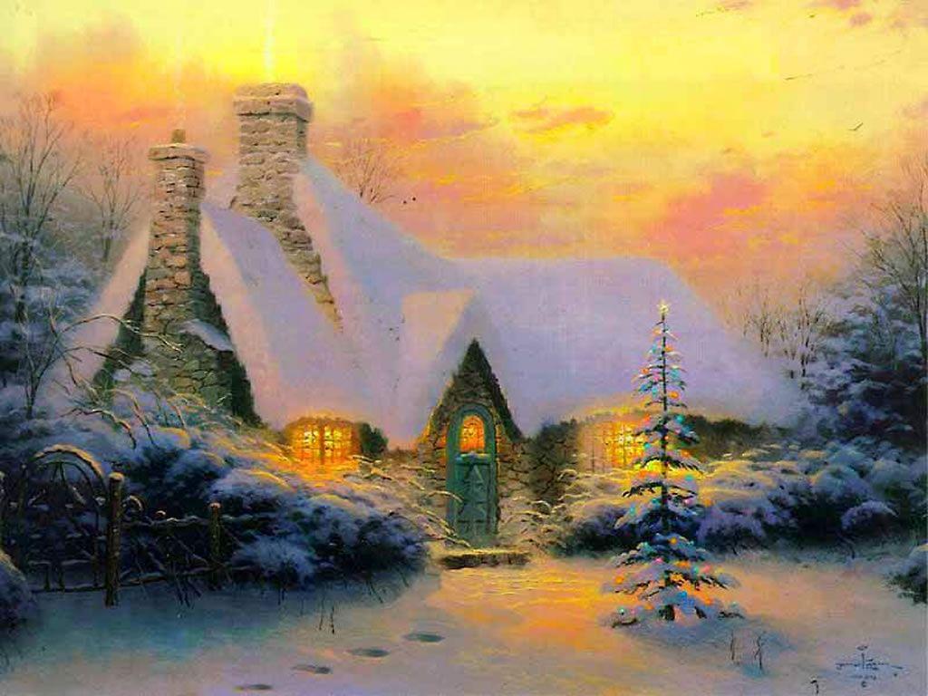 1024x768 Christmas Tree Cottage Winter Scenes
