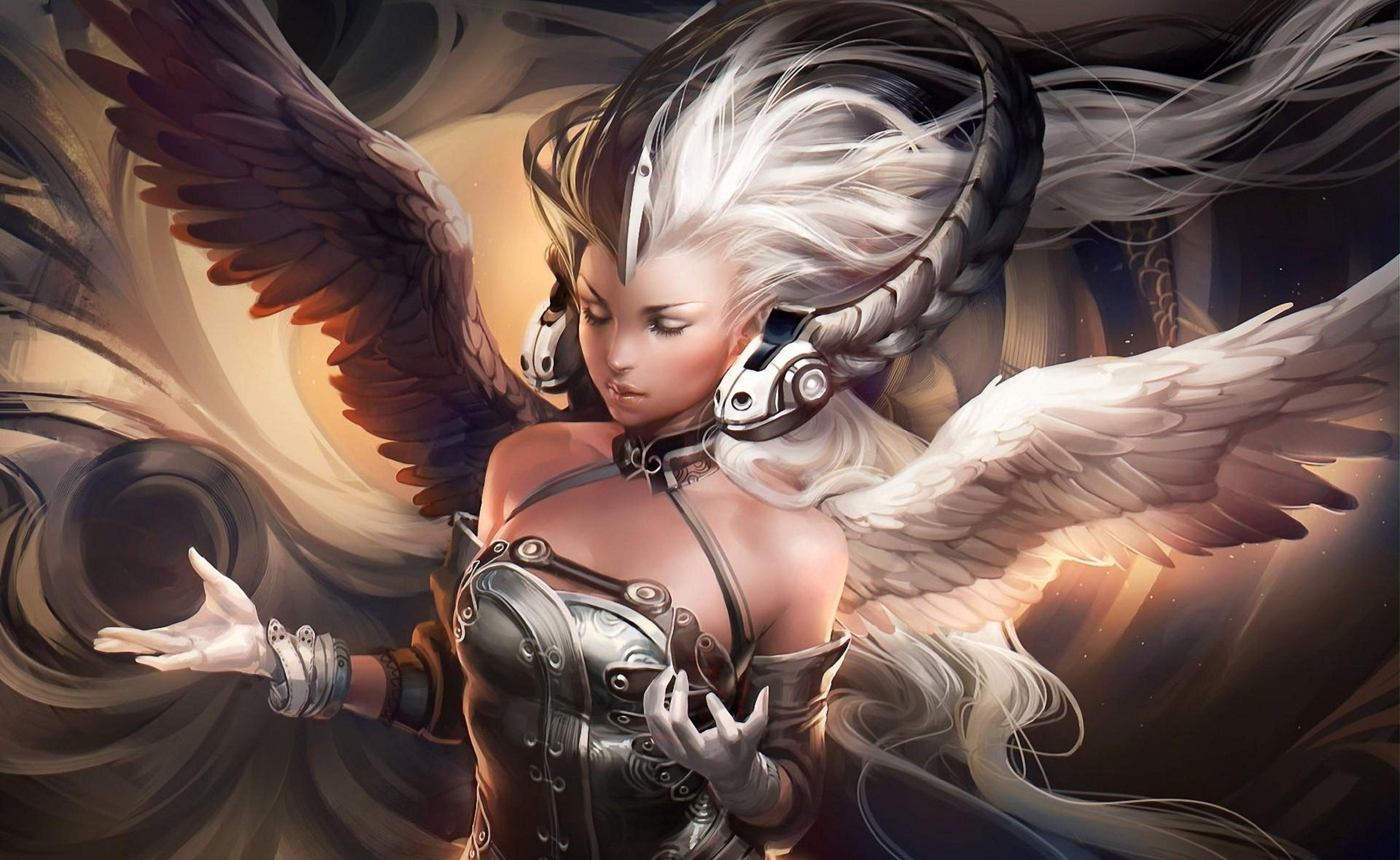 3796x2333 Girl, Angel, Wings, Meditation, Headphones, Hd, desktop