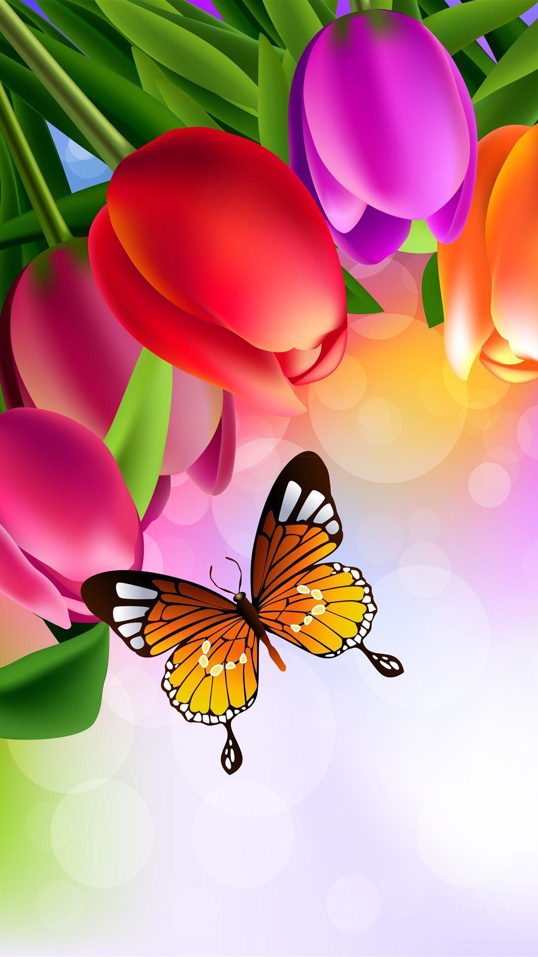 1080x1920 Colorful tulip flowers, butterfly, art picture 1125x2436 iPhone 11