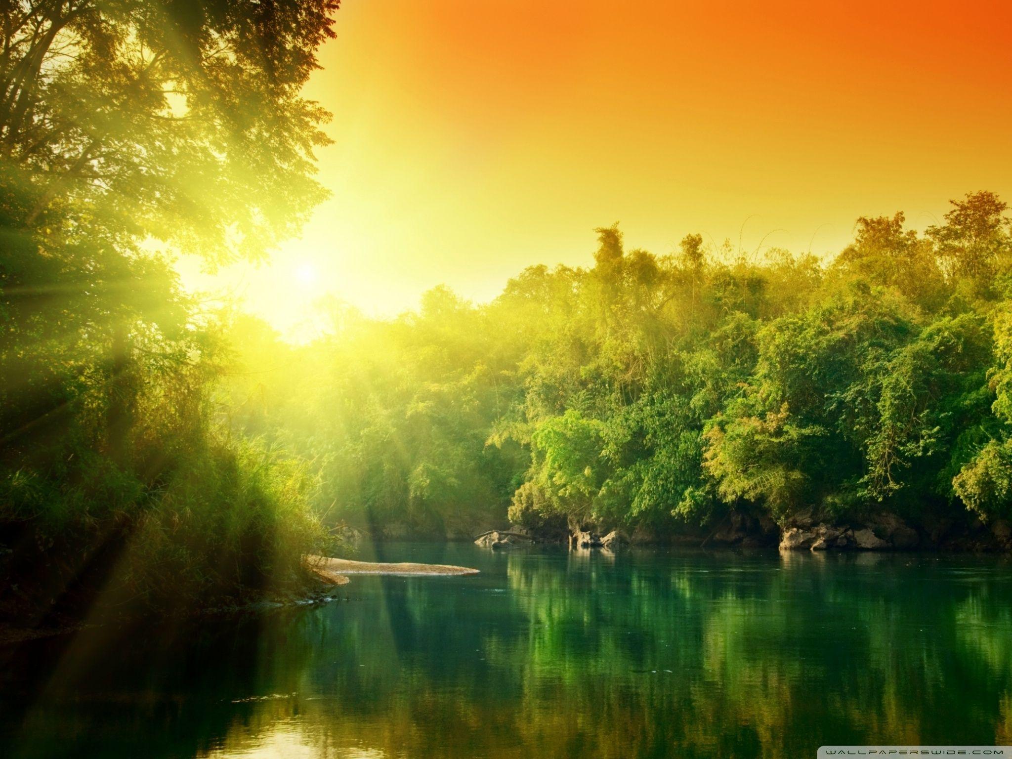 2048x1536 Lush Green Forest River At Sunrise Ultra HD Desktop Background