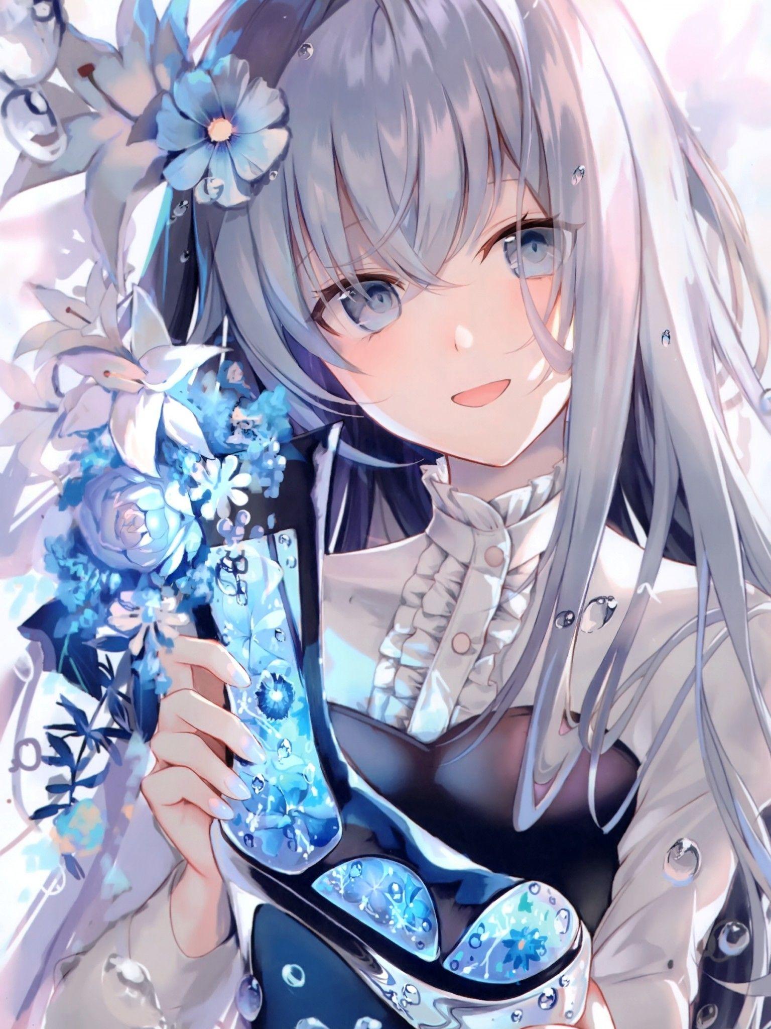 1536x2048 Download 1536x2048 Beautiful Anime Girl, Gray Hair, Smiling, Blue