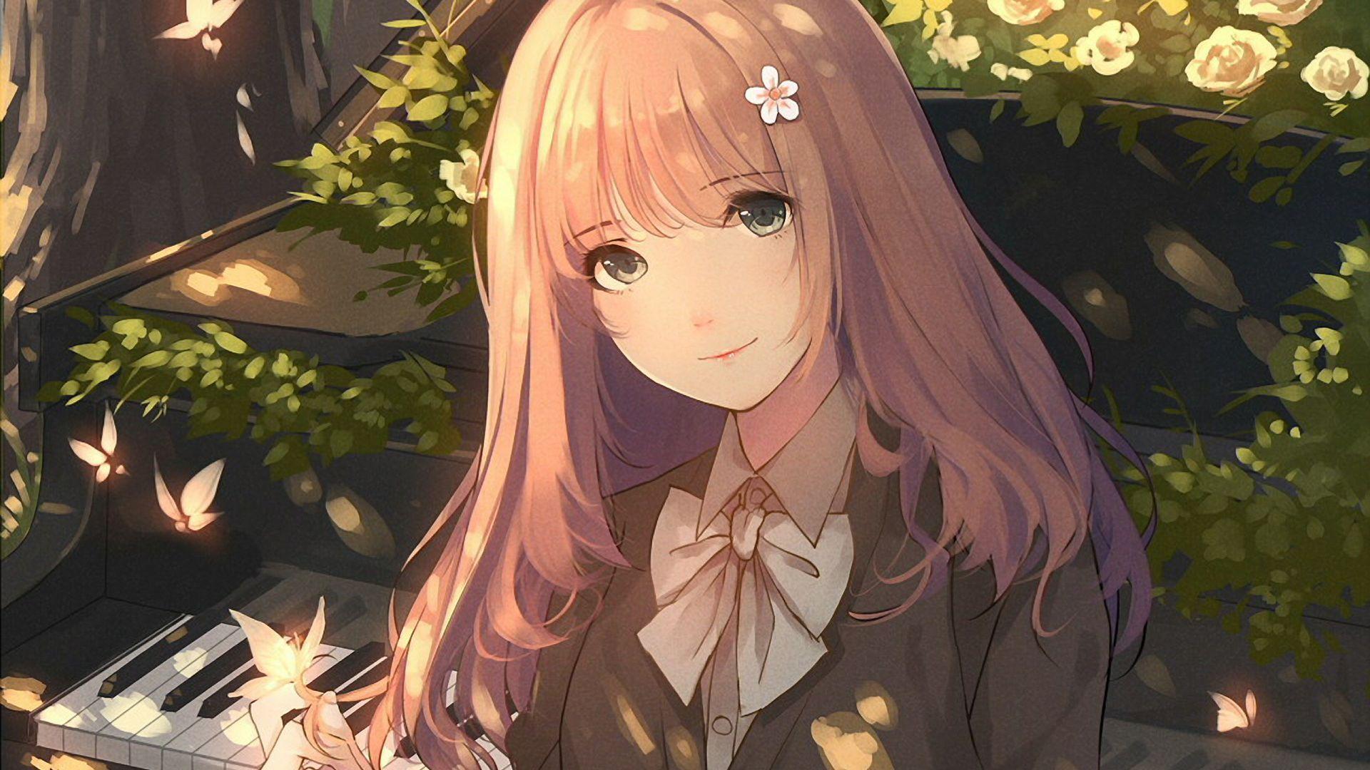 1920x1080 Desktop wallpaper piano, original, anime girl, beautiful, HD image