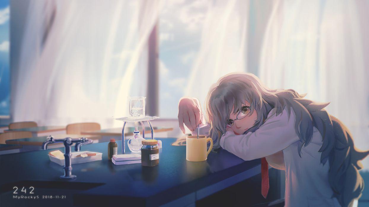 1245x700 brown eyes futaba rio glasses gray hair long