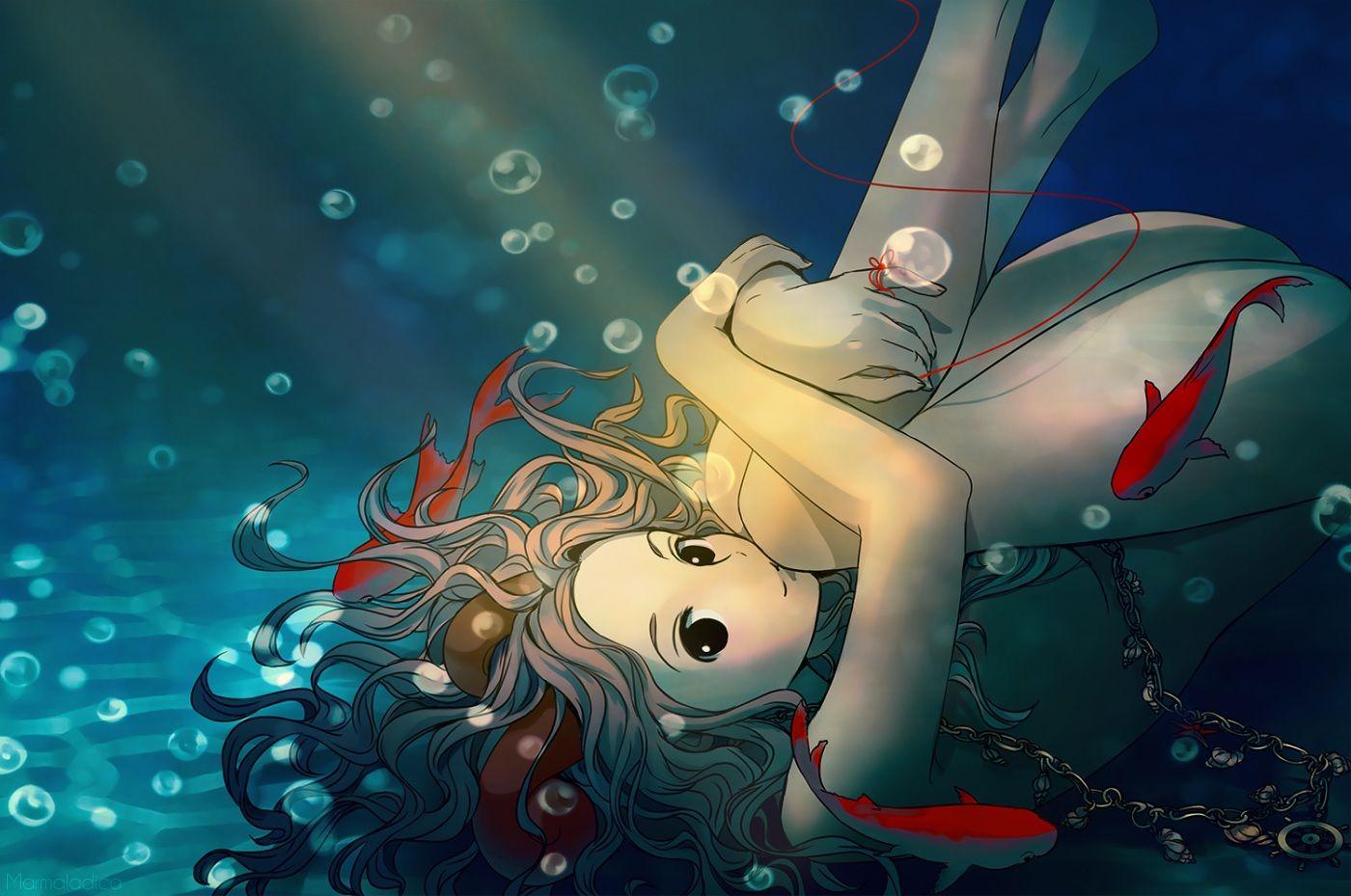 1400x929 animal anthropomorphism black eyes blonde hair bubbles fish going