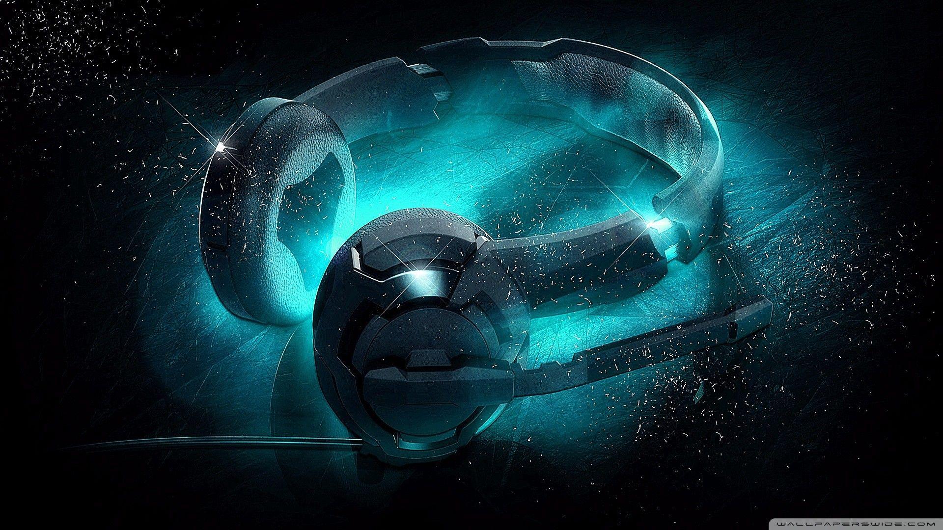 1920x1080 #headphones, #music, #digital art, #black background, #neon, wallpaper HD Wallpaper