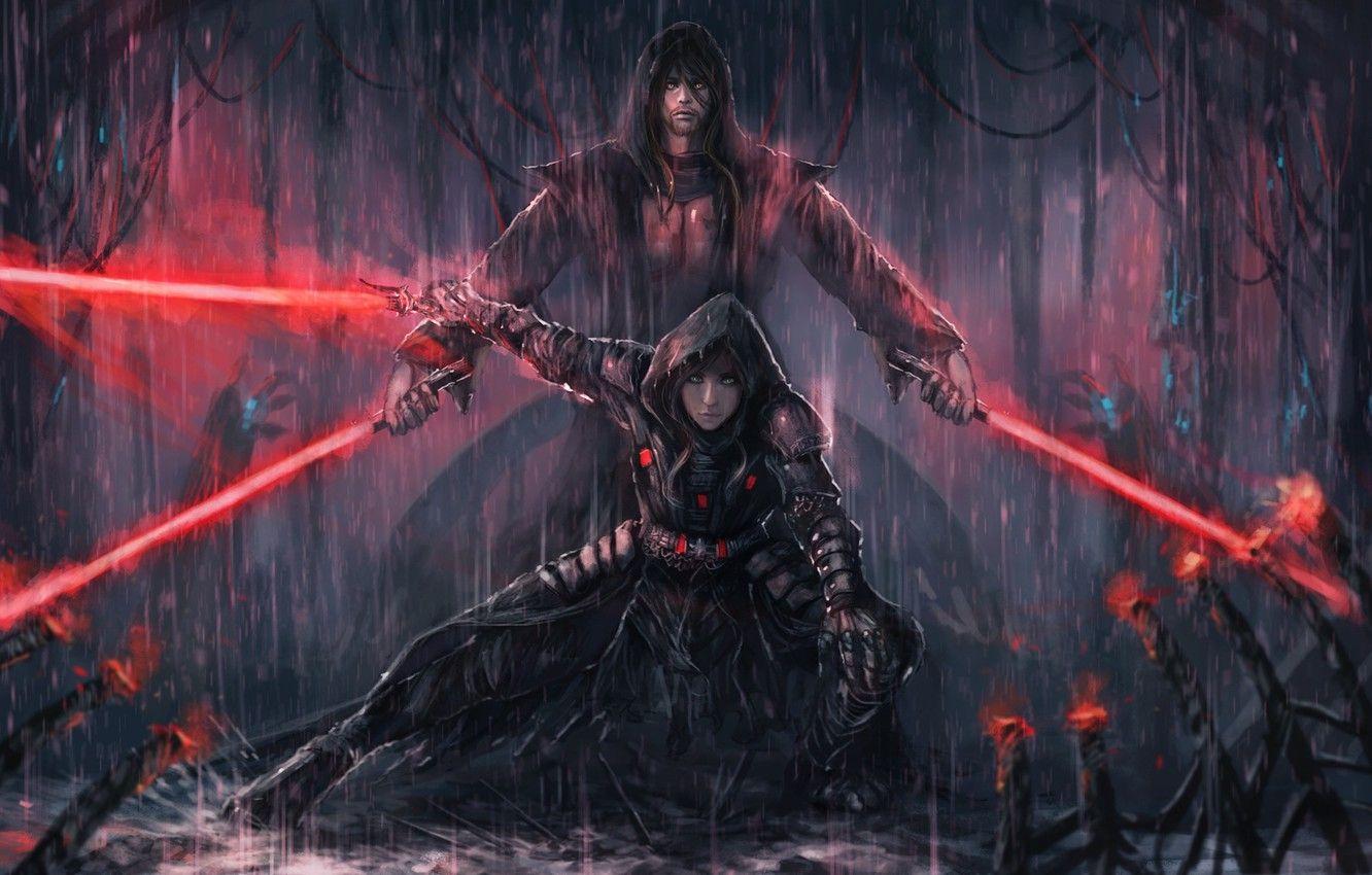 1332x850 Wallpaper girl, rain, art, star wars, guy, lightsaber, The Sith Lords image for desktop, section фантастика