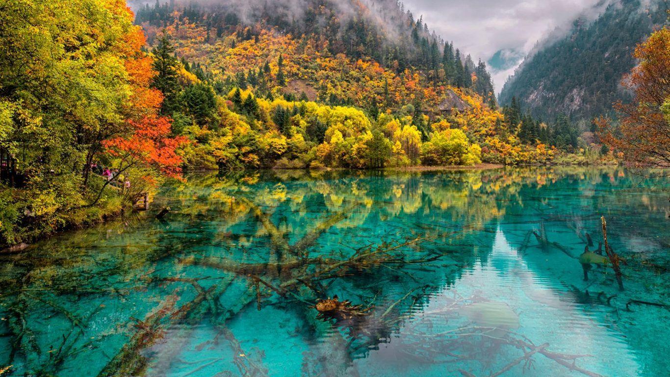 1366x768 Crystal Lake China Jiuzhaigou National Park HD Wallpaper 1920x1080