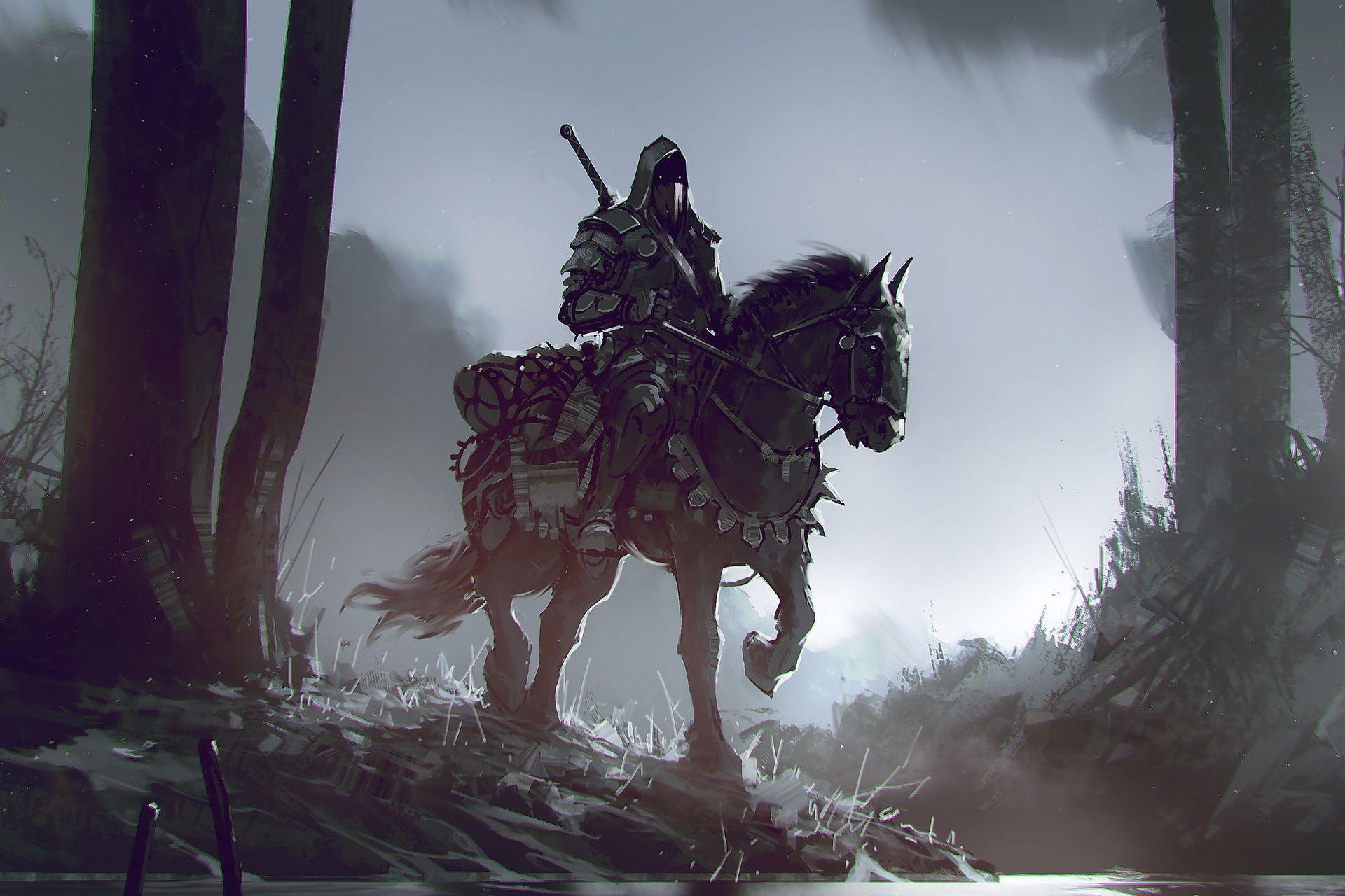 1920x1280 Wallpaper of Horse, Warrior, Dark, Trees, Fantasy background & HD