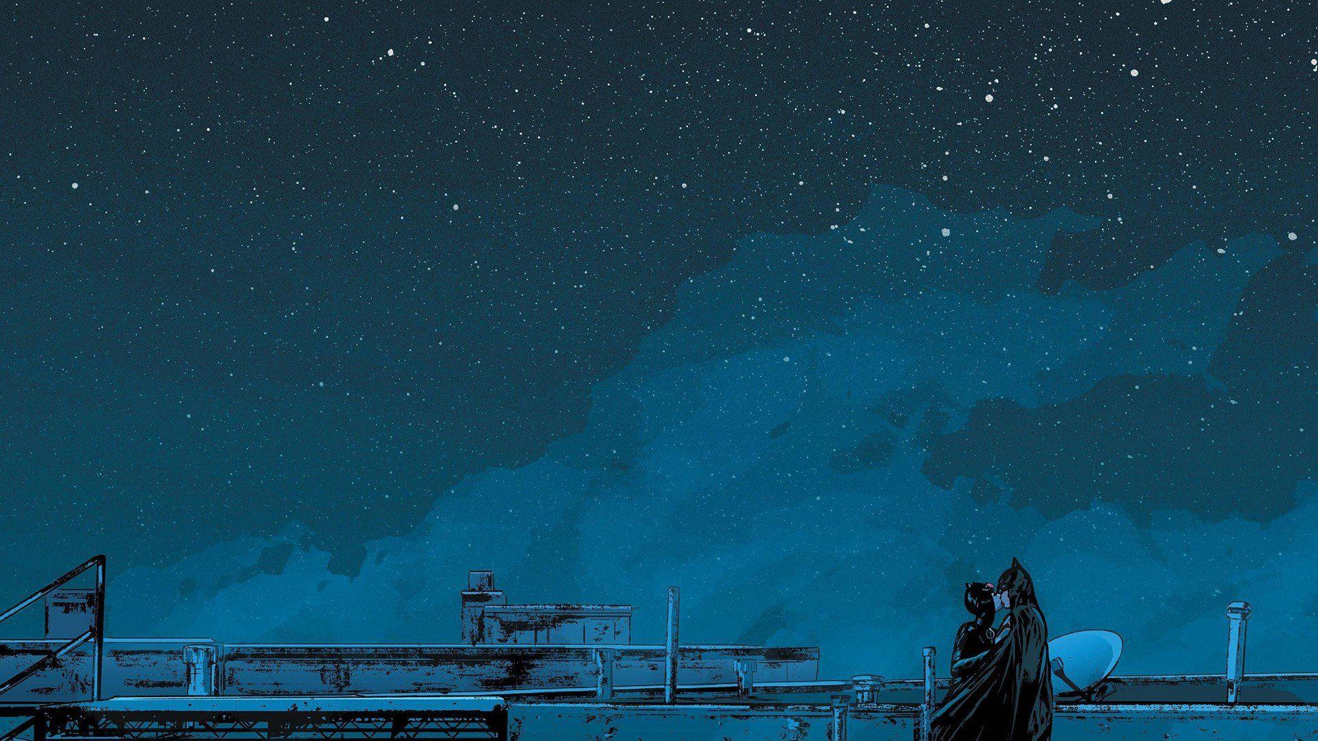 1920x1080 night sky, Batman, Catwoman, Starry night, Kissing HD Wallpaper