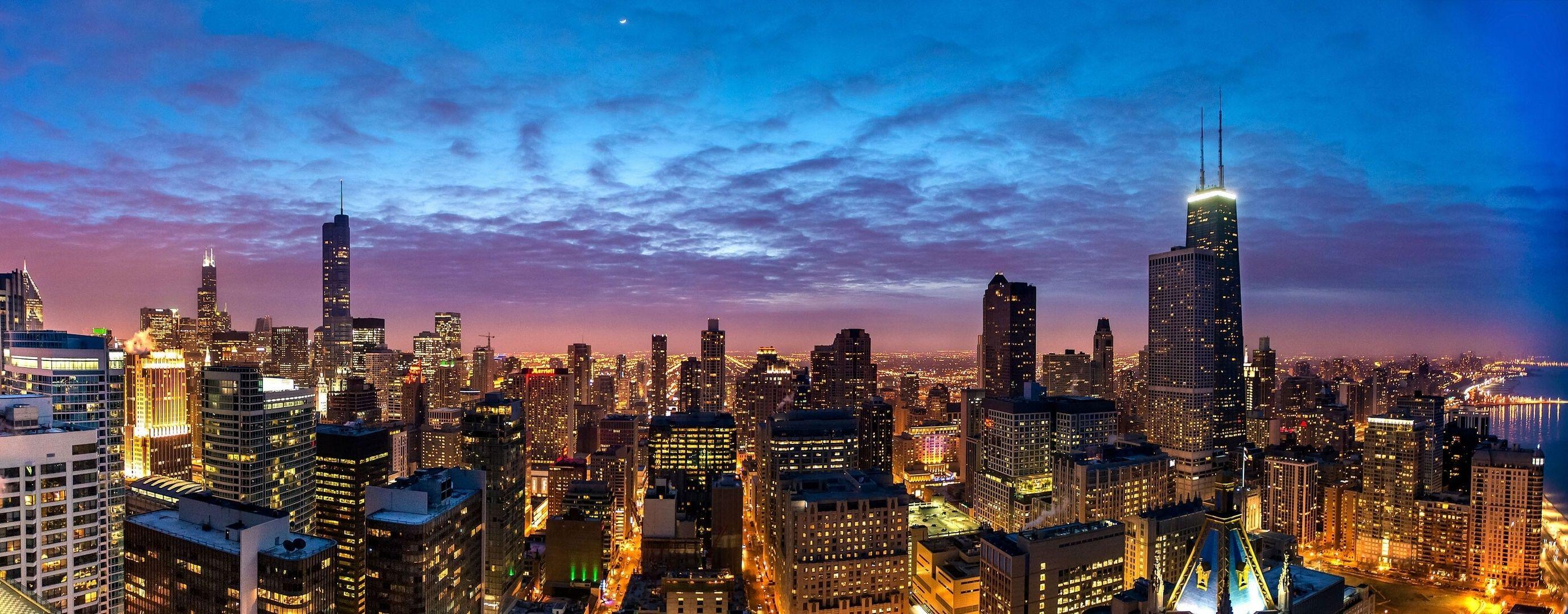 2755x1080 Chicago buildings skyscrapers view night city skyscraper window