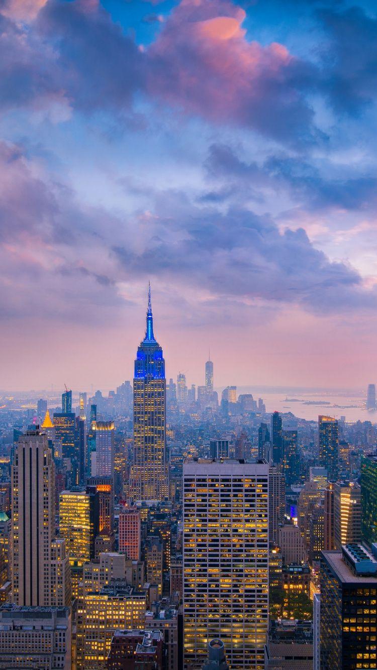 750x1334 Download Evening, clouds, sunset, New York, cityscape wallpaper
