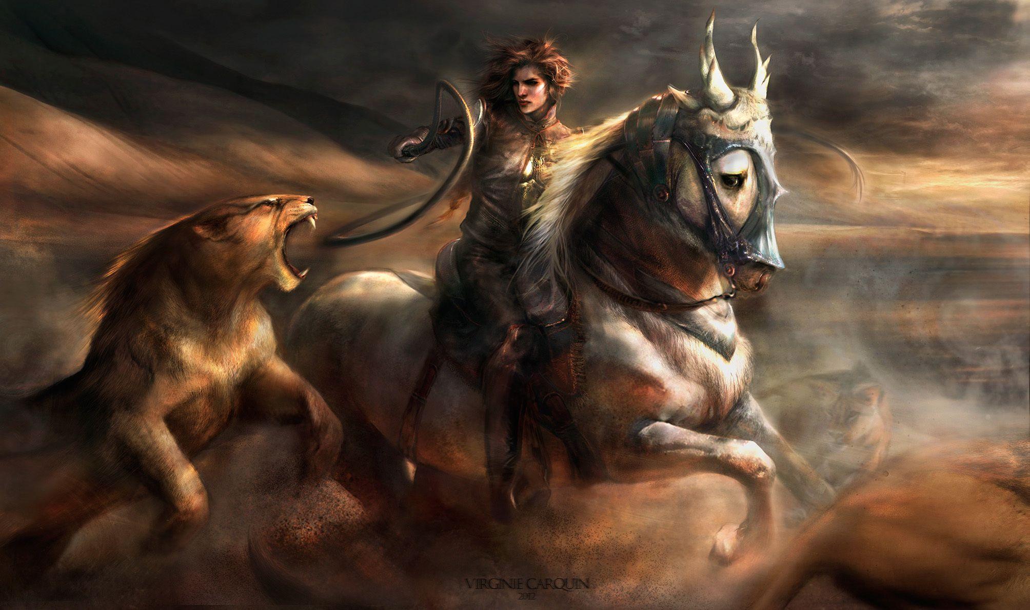 2008x1191 girl, Horse, Wild, Art, Lion, Cat Wallpaper HD / Desktop and Mobile Background