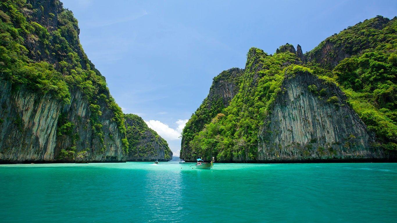 1366x768 #ship, #green, #beach, #island, #vacation, #sky, #Thailand, #water, #Thai, #sea, wallpaper. Mocah HD Wallpaper