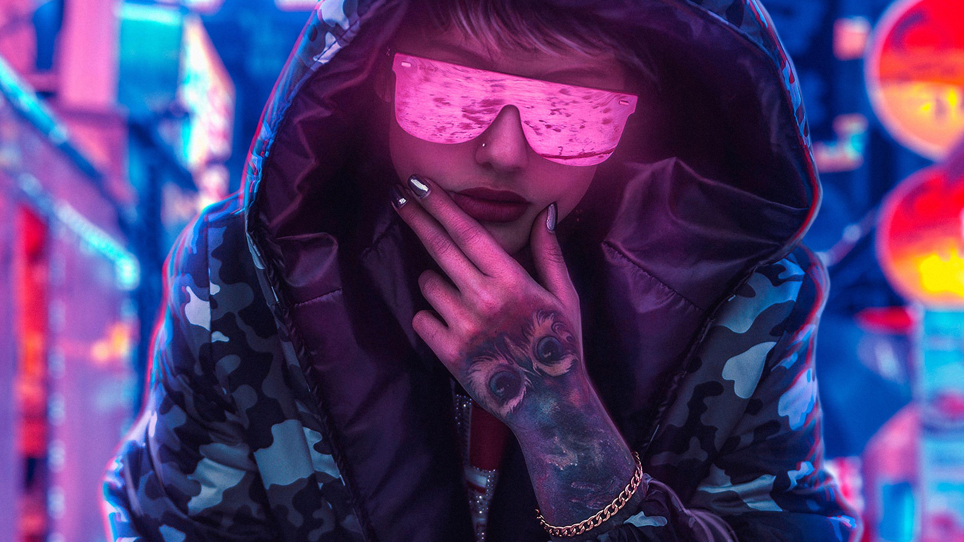3306x1860 Neon Glasses Girl Wearing Hoodie, HD Artist, 4k Wallpaper, Image, Background, Photo and Picture