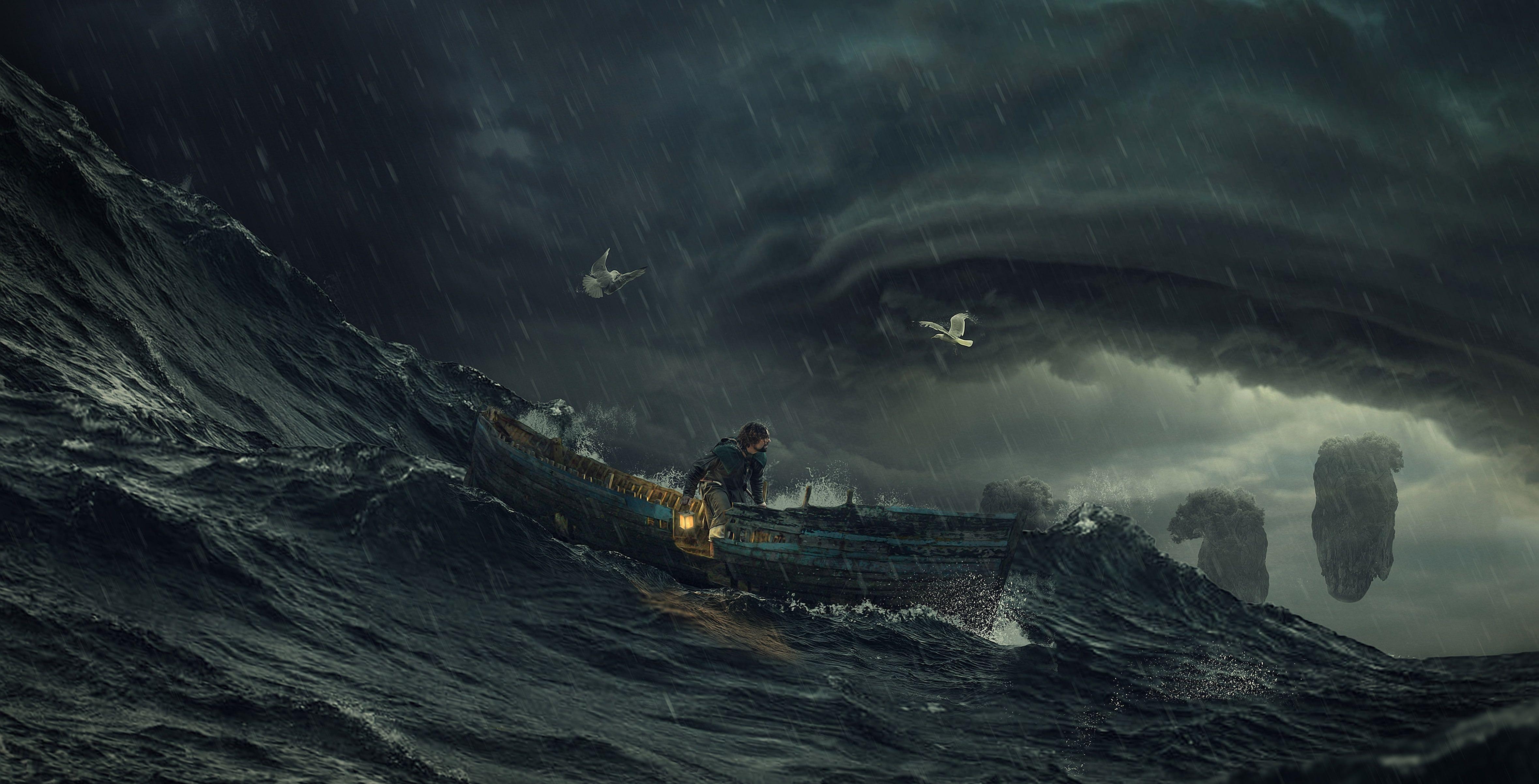 4718x2405 man holding lamp inside boat during storm on sea #Storm #HD K