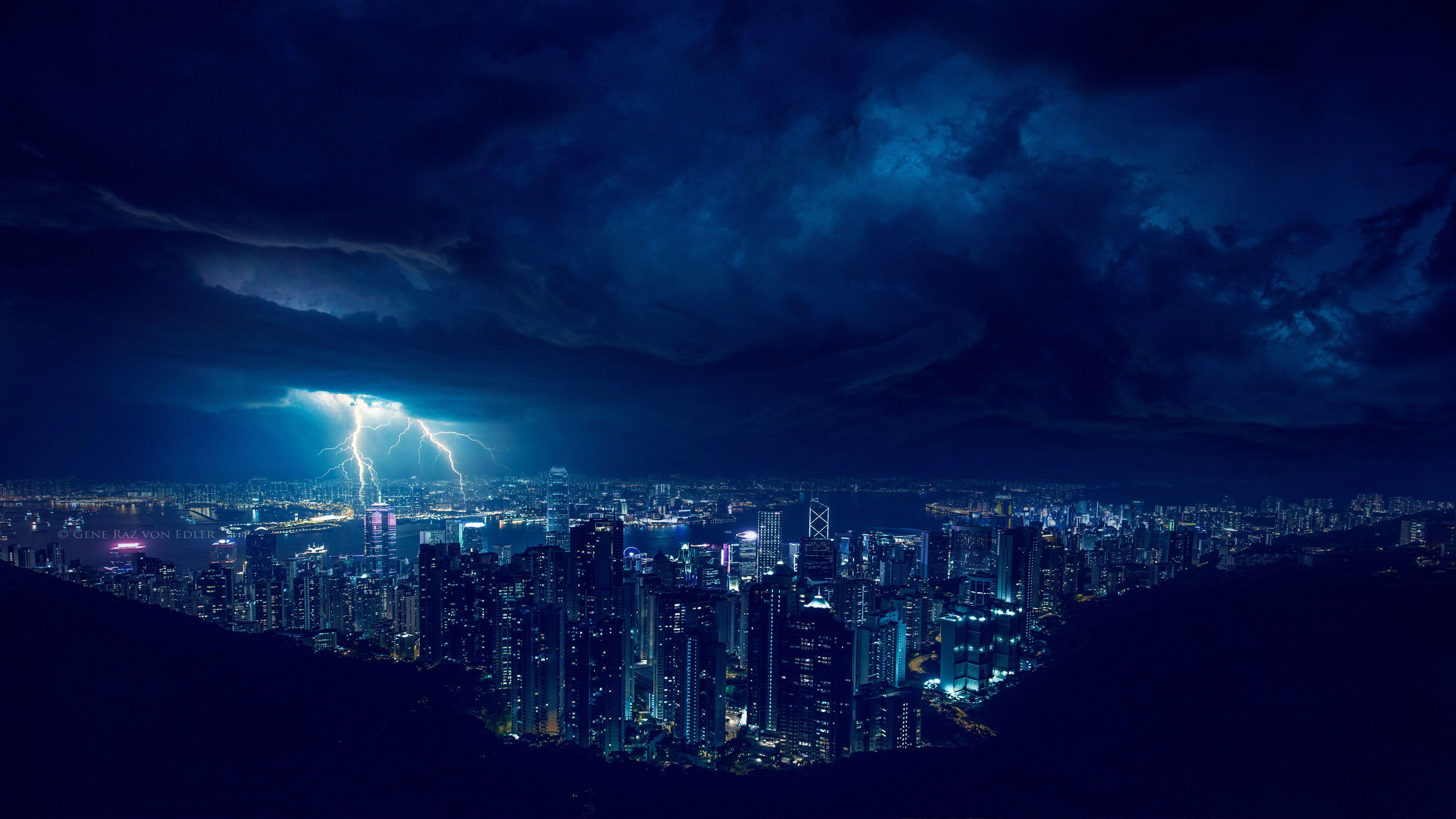3840x2160 Wallpaper 4k Storm Night Lightning In City 4k 4k Wallpaper, Blue