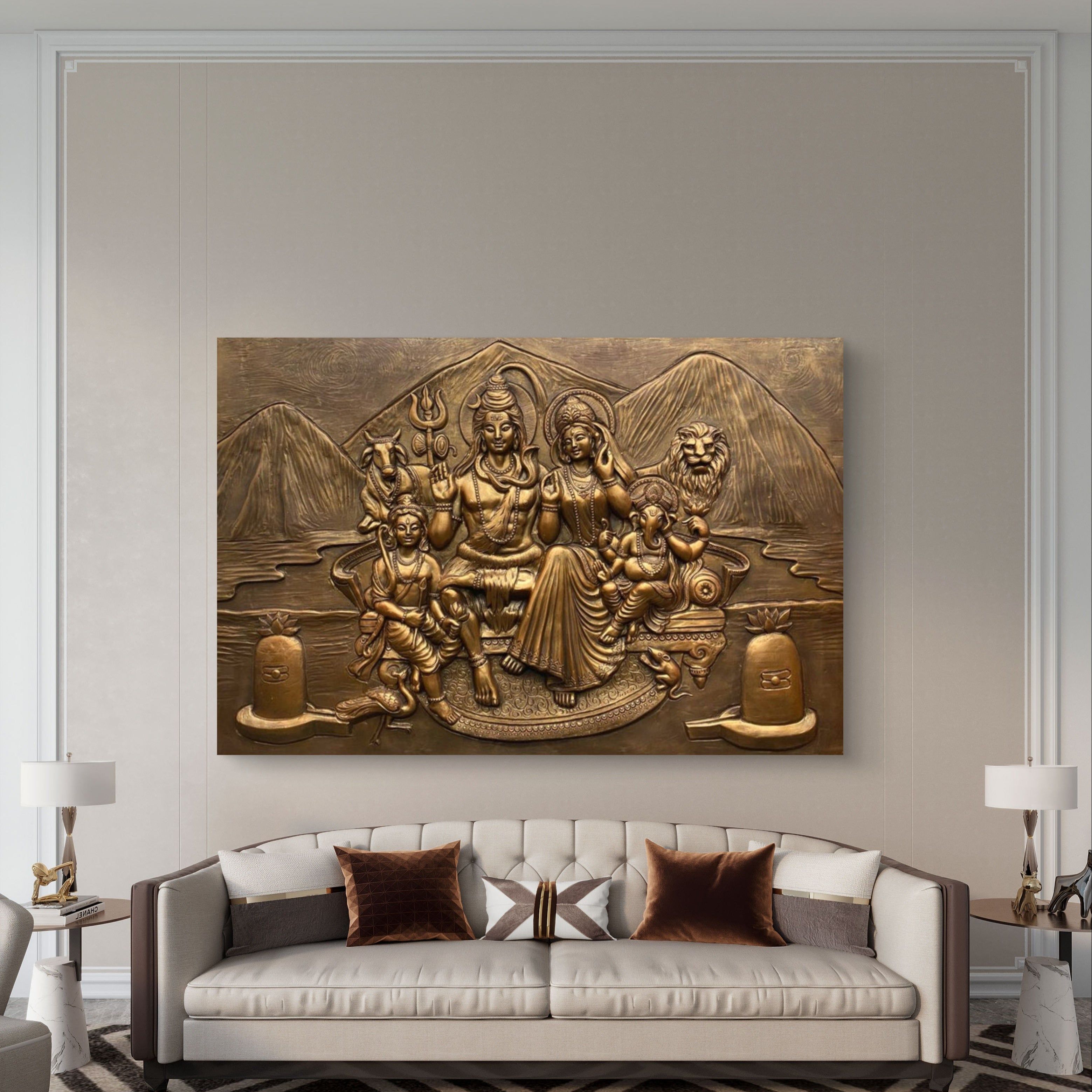 3118x3119 Shiva Parivar 3D Relief Wall Muralx4 ft Handcrafted Wall Sculpture