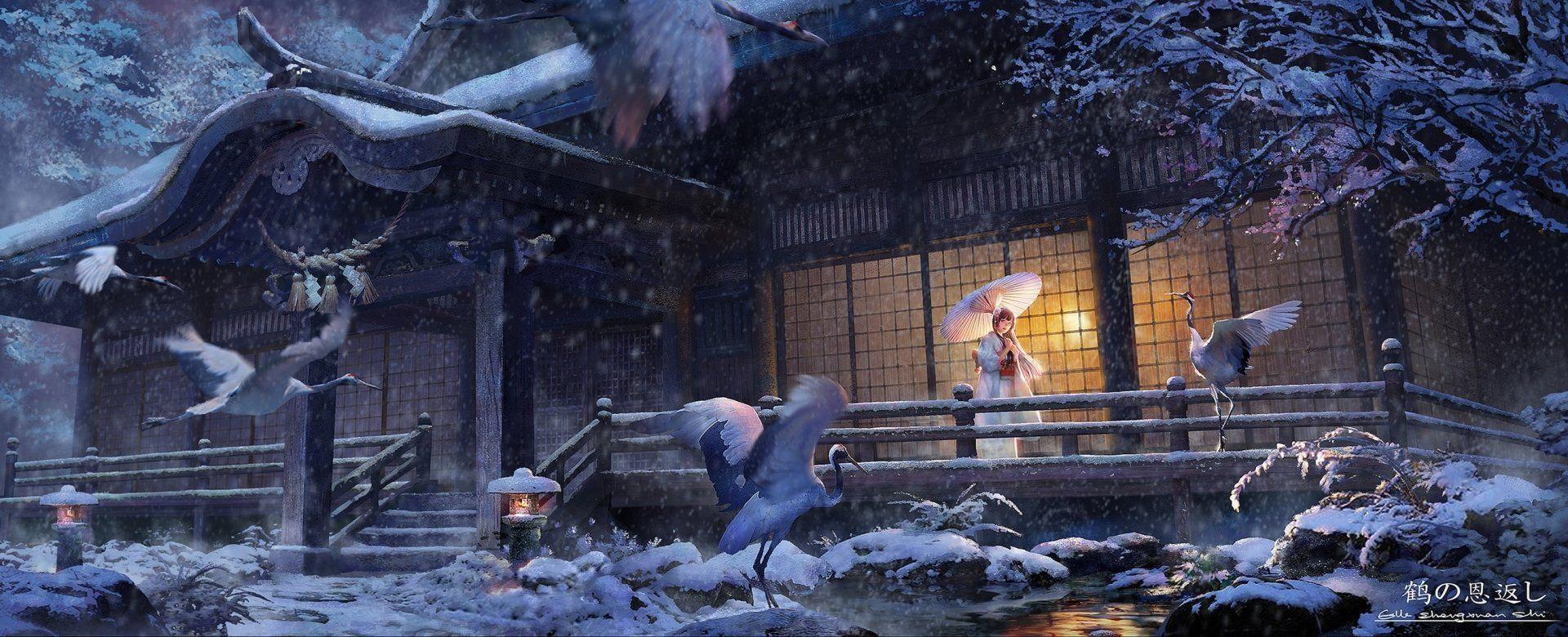 1920x780 Anime Original Girl Umbrella Winter Snow Kimono House Stork Anime Snowfall Wallpaper. Anime scenery, Best nature wallpaper, Art
