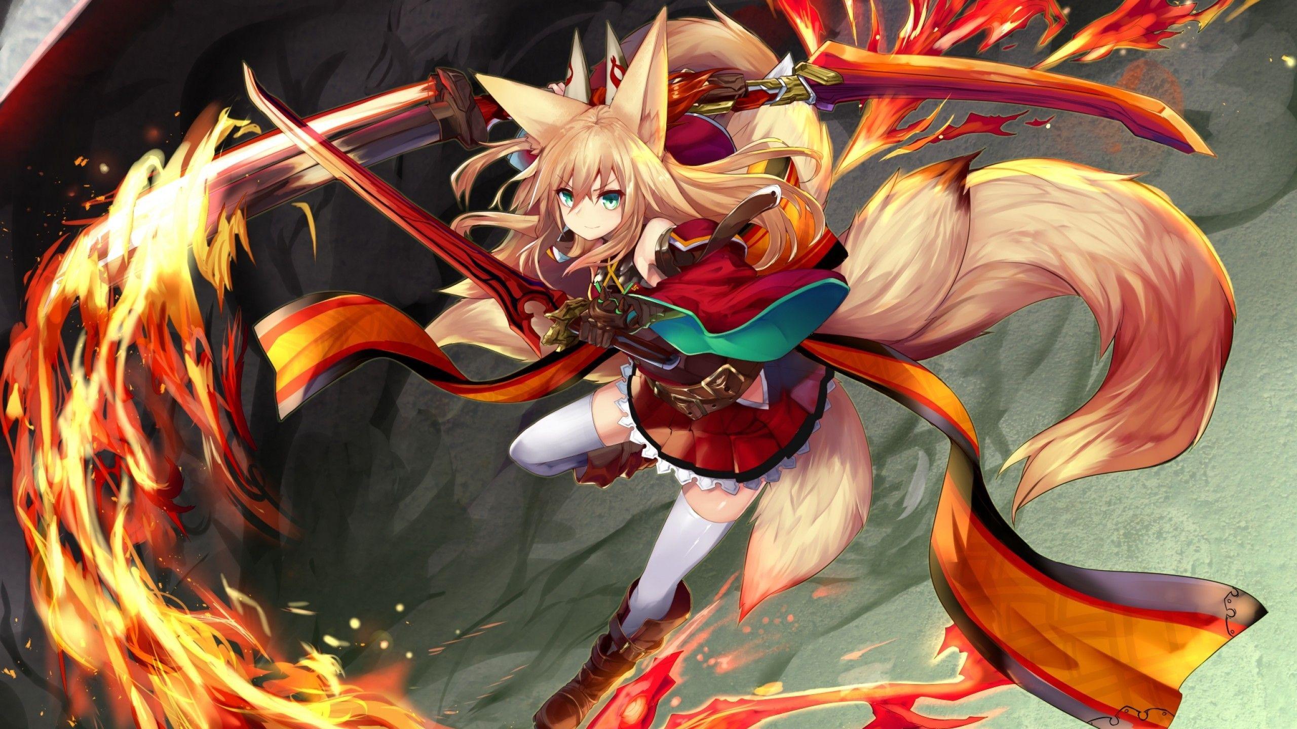 2560x1440 Download 2560x1440 Fox Girl, Sword, Flame, Animal Ears, Nine Tails
