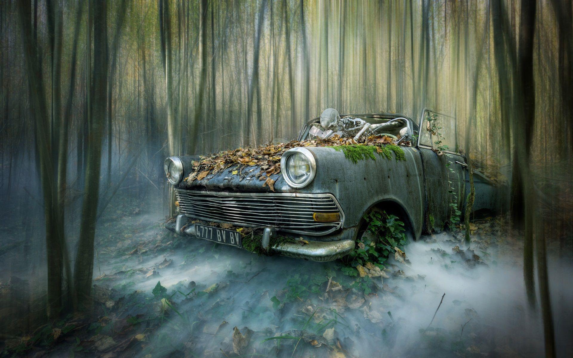1920x1200 Wallpaper Broken car, skeleton, forest, creative picture 1920x1200