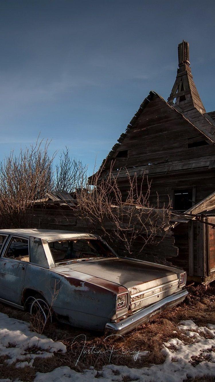 750x1334 Wallpaper Wood house, broken car, snow, winter 1920x1200 HD
