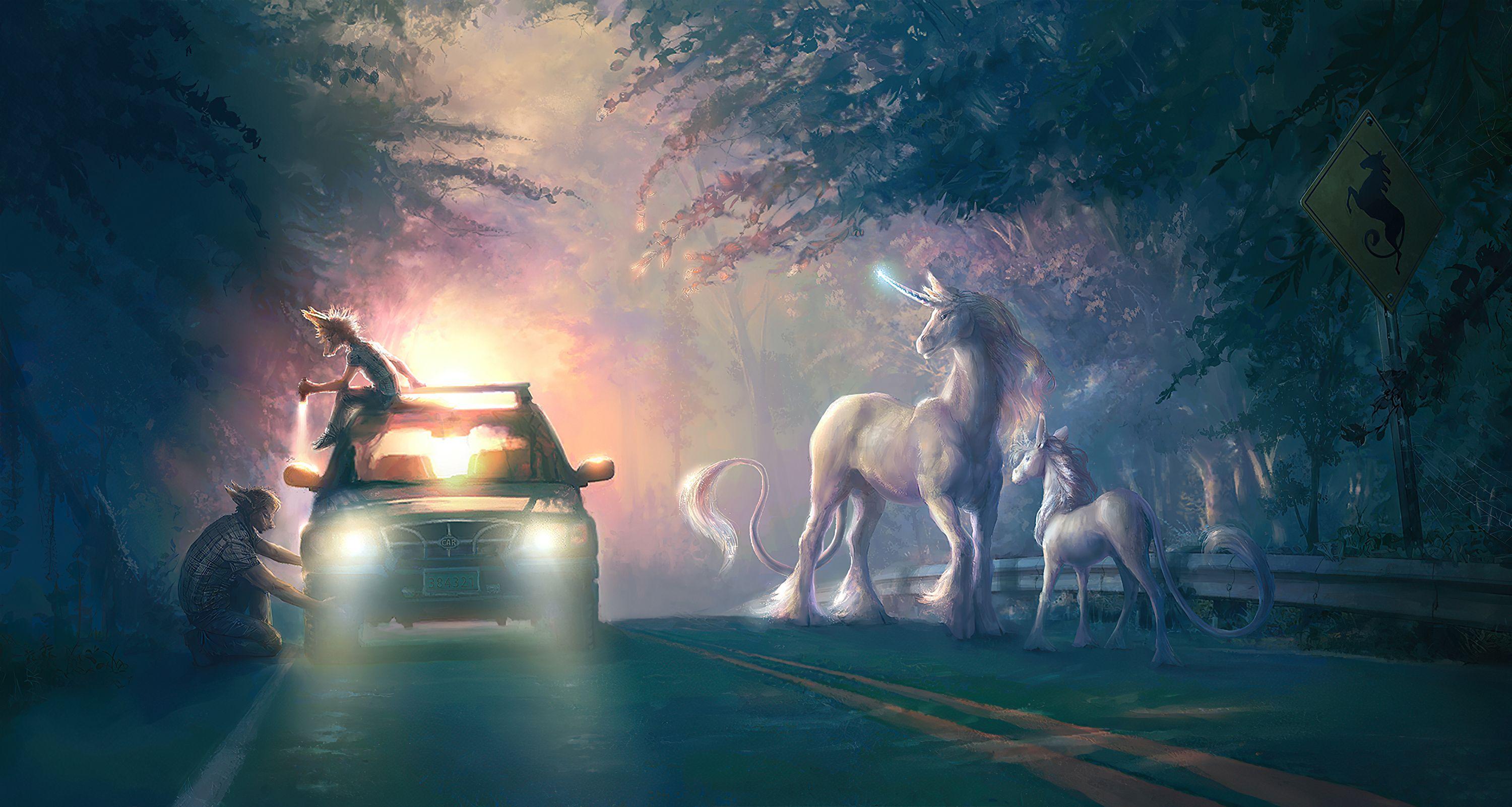 3000x1602 Broken Car Unicorn Crossing, HD Artist, 4k Wallpaper, Image
