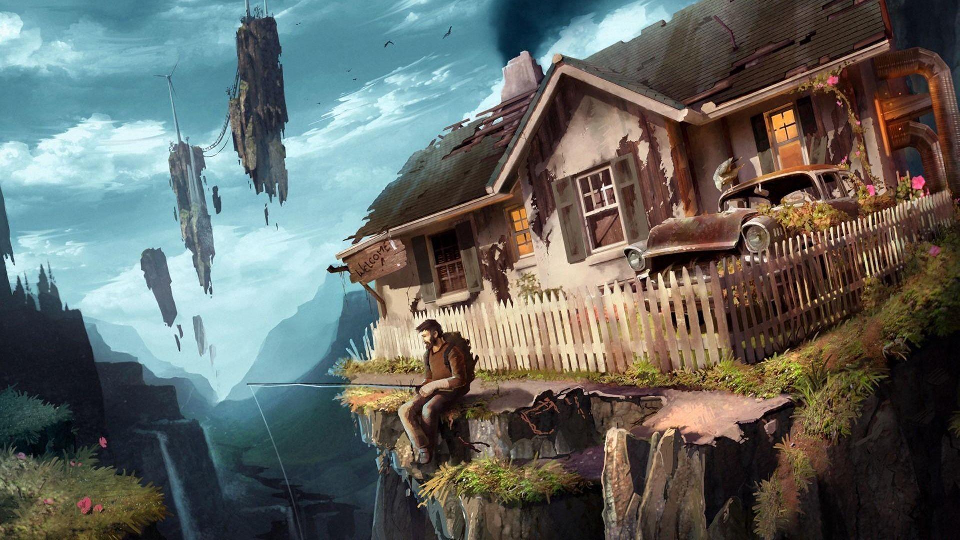 1920x1080 Download wallpaper 1920x1080 fisherman, house, car, broken