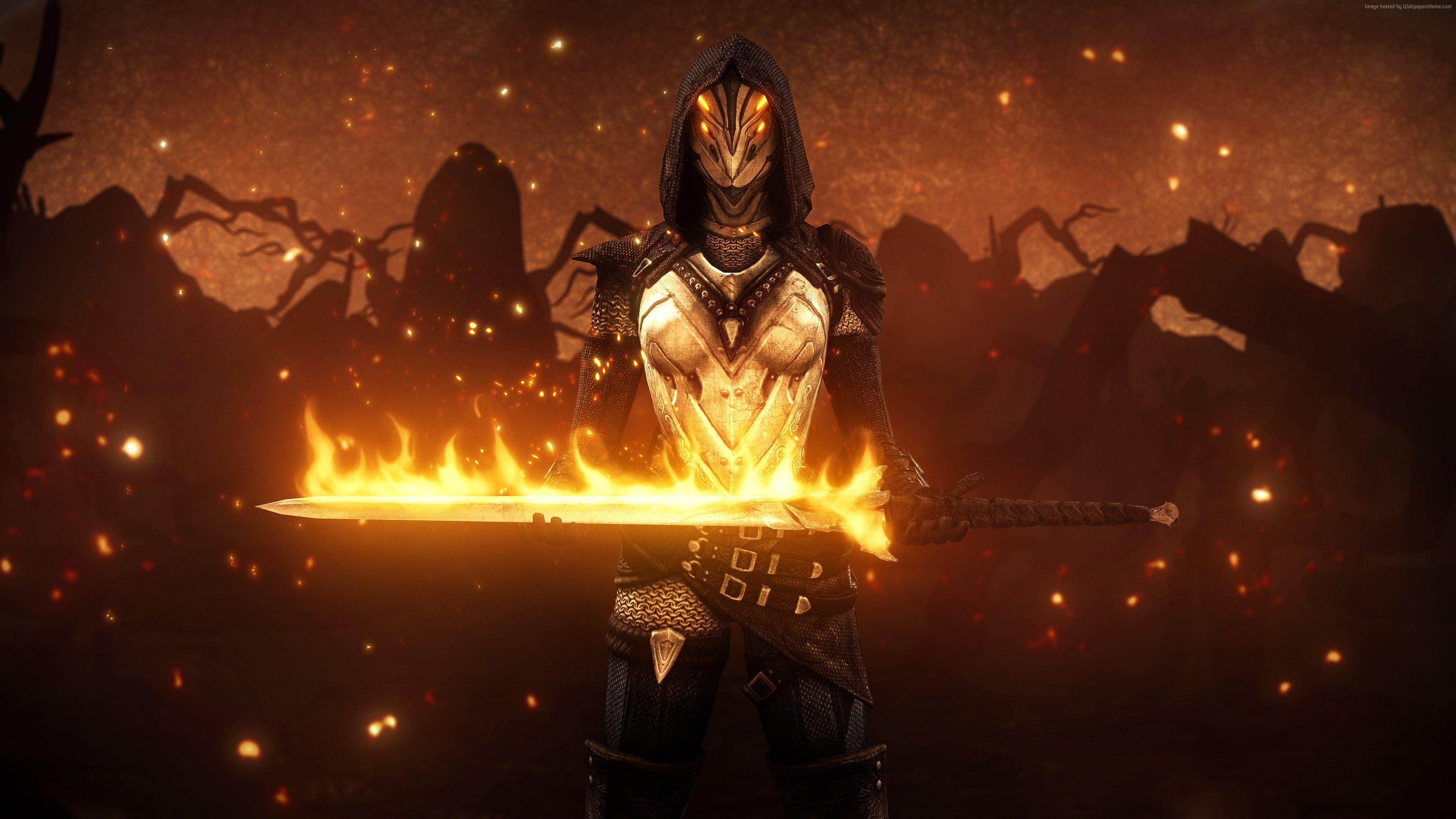 3840x2160 Wallpaper Dark Souls II, game, rpg, fire, sword, armor, warrior