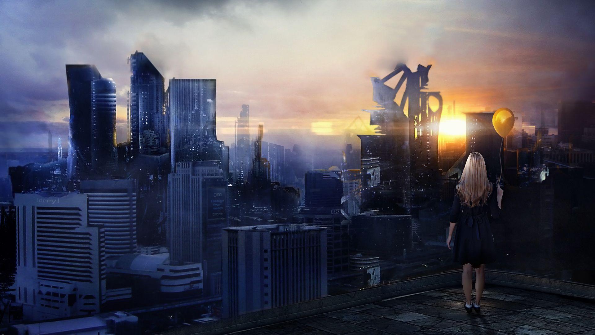 1920x1080 Picture Blonde girl Girls Fantasy Fantastic world Cities 1920x1080