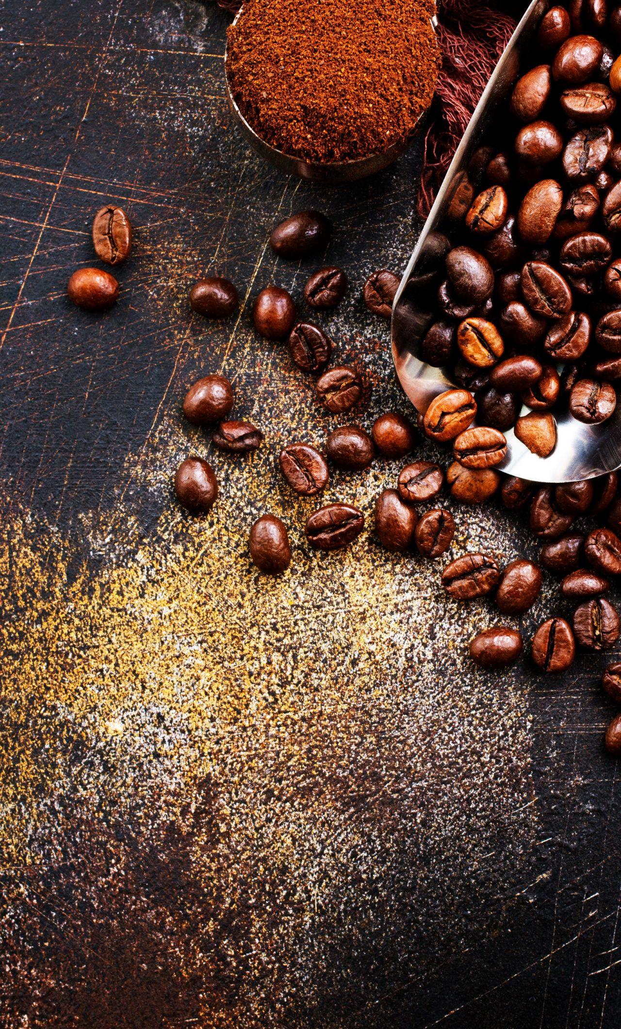 1280x2120 Download Still life, coffee beans, powder, leaf wallpaper