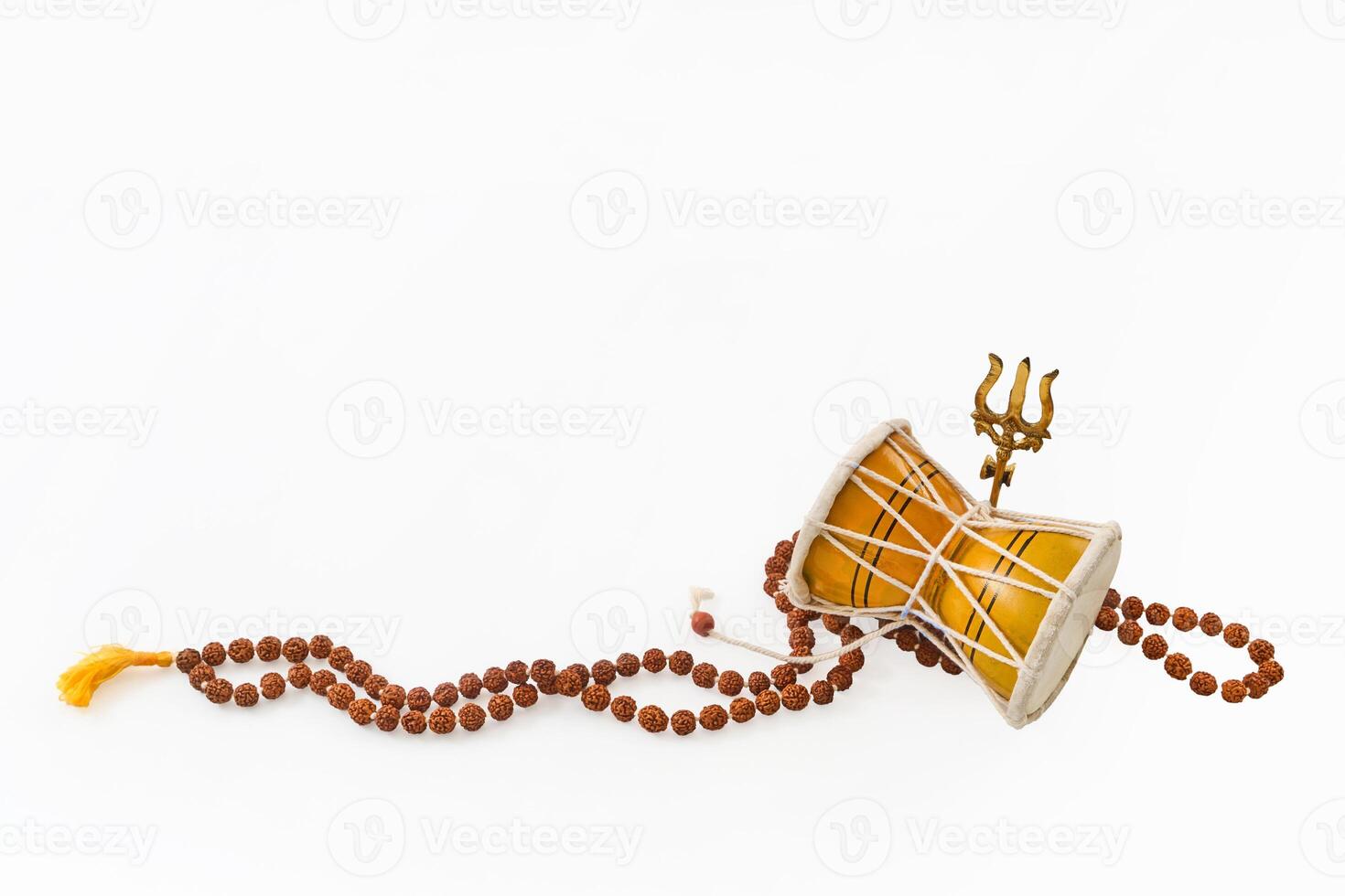 1470x980 Maha Shivratri. Damaru drum with trident and rudraksha mala symbolizing shiva