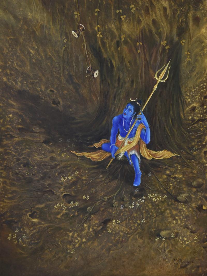 800x1068 Damru And Trishul: Blue Oil Painting