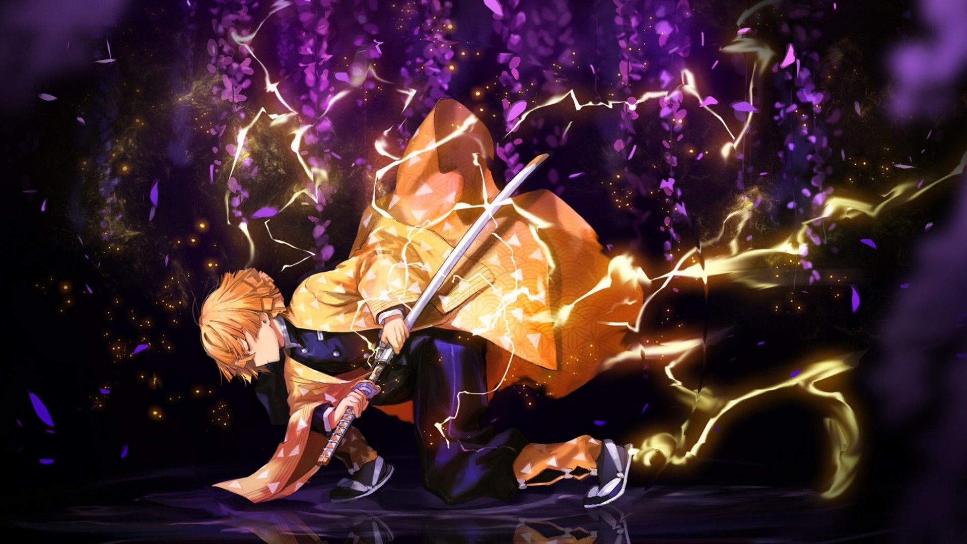 1920x1080 Demon Slayer Zenitsu Agatsuma With Weapon With Background Of Purple Flowers With Lighting HD Anime Wallpaper