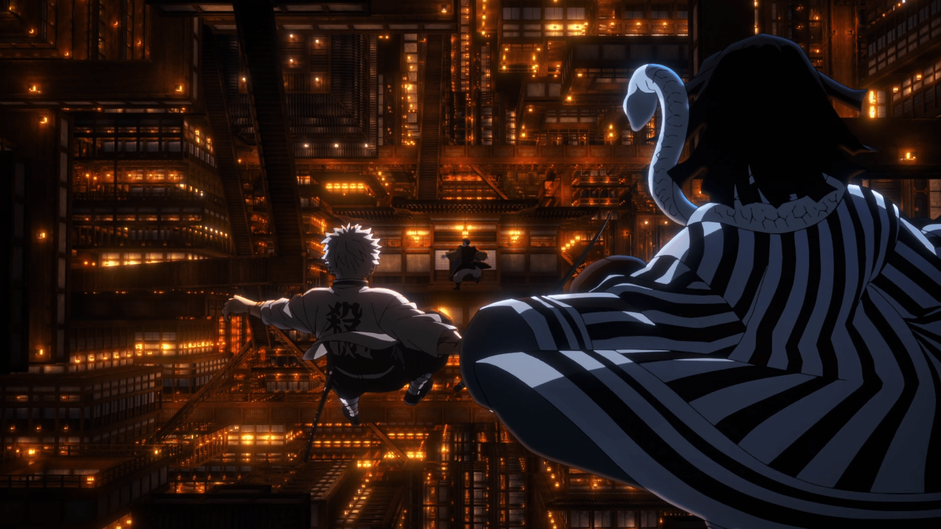 1920x1080 Demon Slayer HD Wallpaper: Sanemi & Obanai Overlooking Neon Cityscapex1080