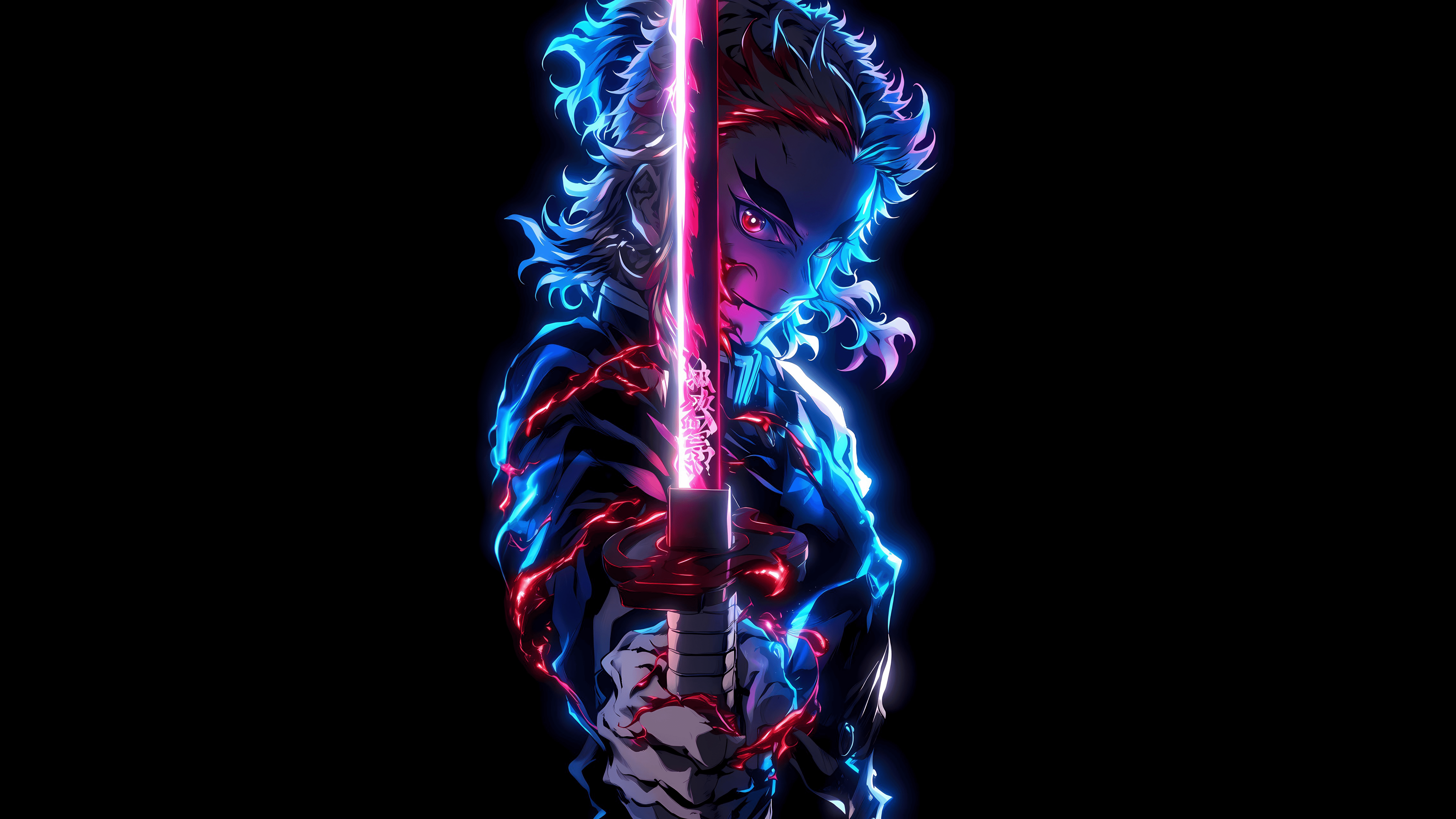 5120x2880 Kyojuro Rengoku Wallpaper 4K, Neon glow, AMOLED